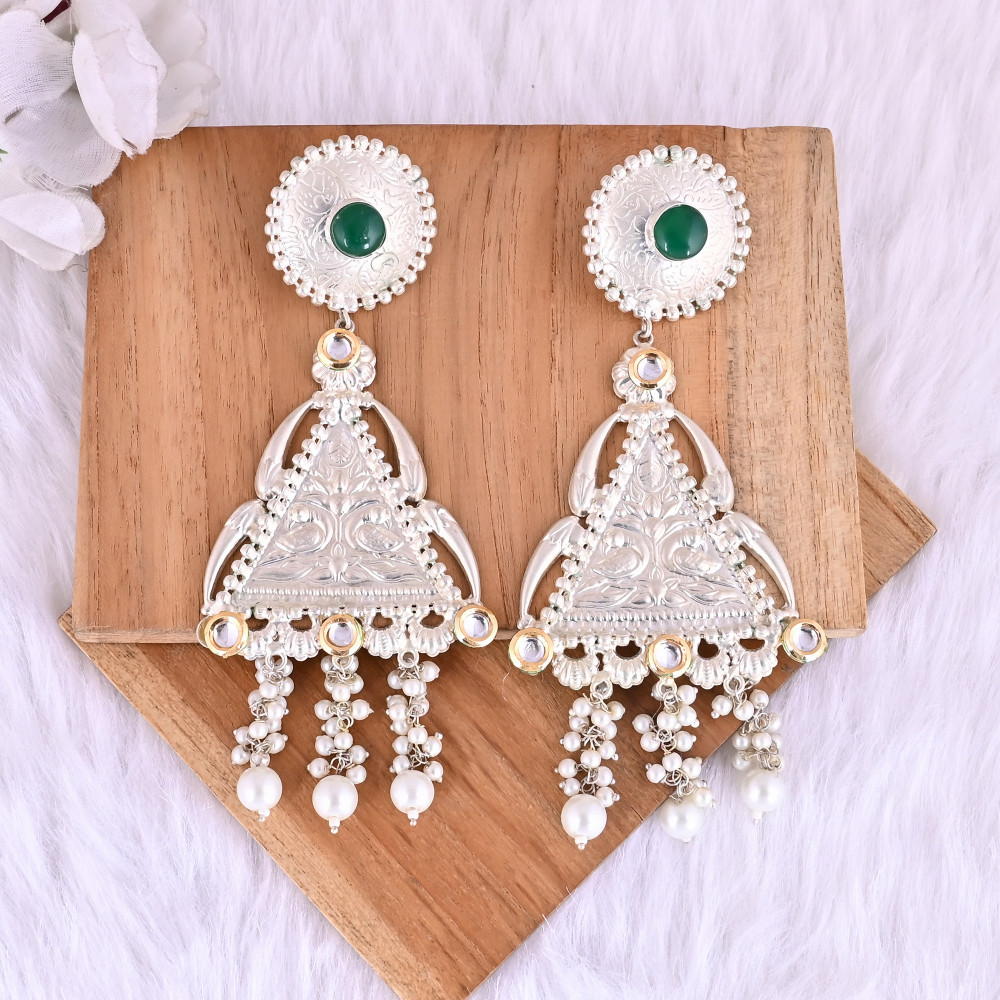 Image of Green Onyx &amp; Kundan &amp; Pearl Ethnic Drop Earrings | Silver Plated Brass Jewelry
