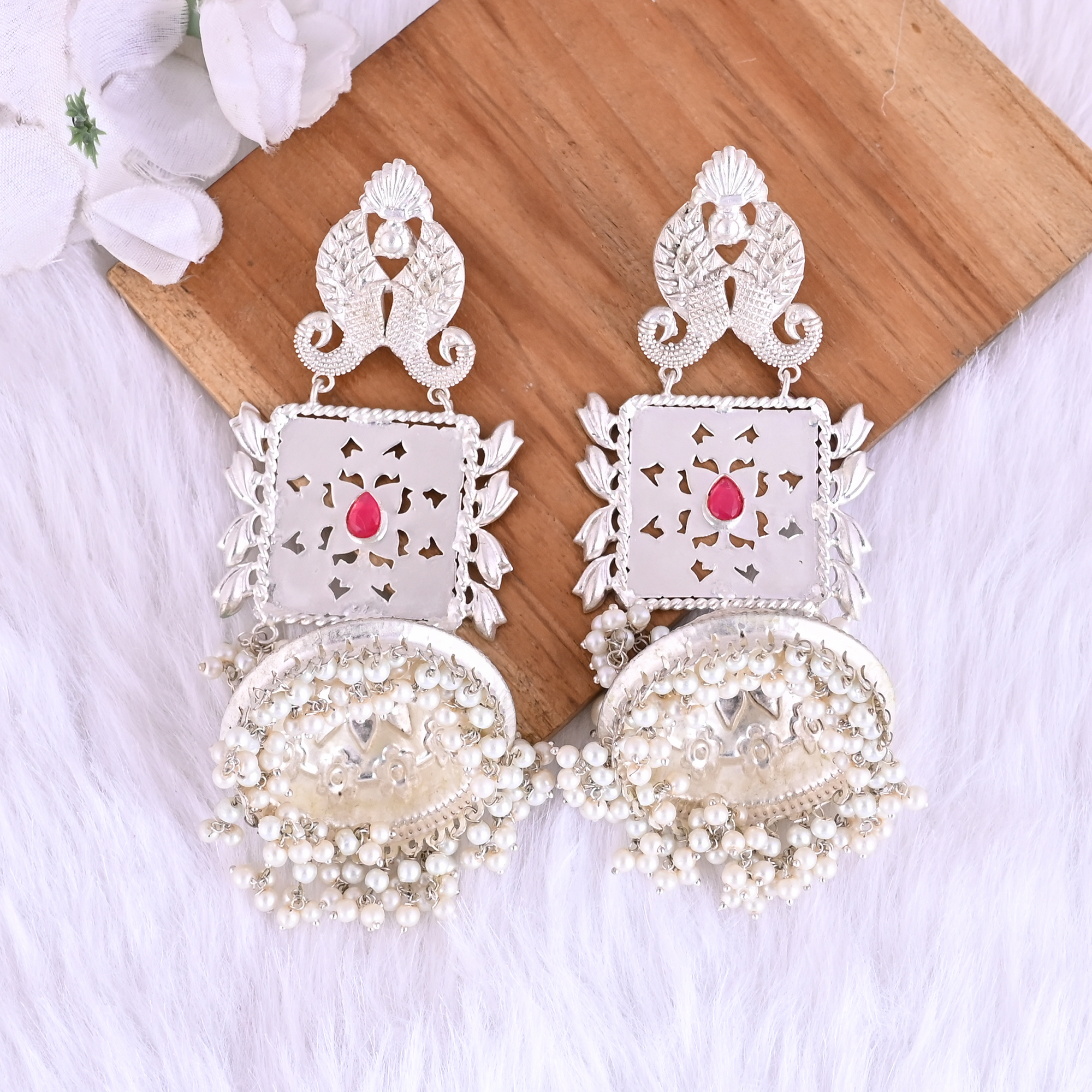 Pink Hydro Pearl Ethnic Drop Earrings Silver Plated Brass Jewelry