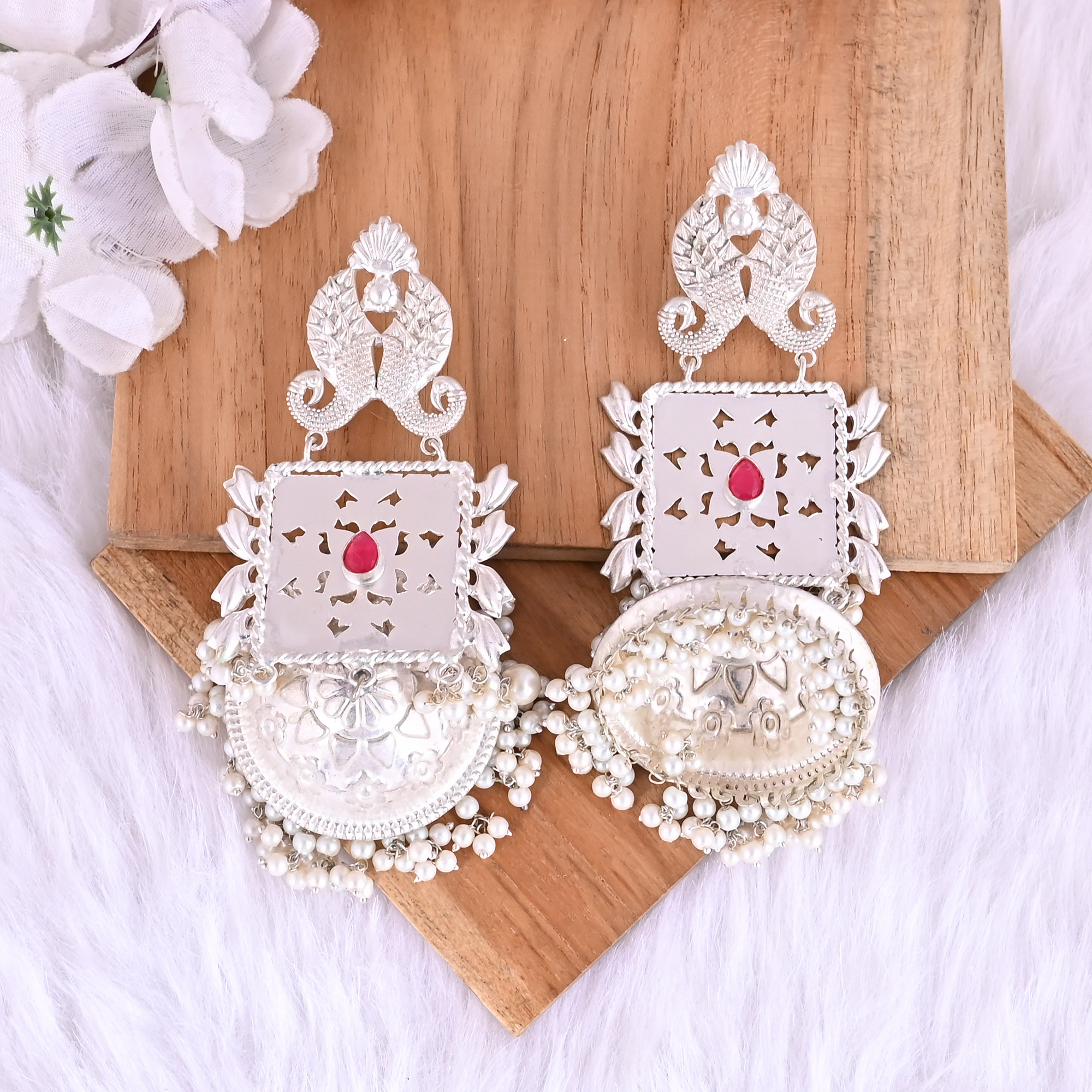 Pink Hydro  Pearl Ethnic Drop Earrings  Silver Plated Brass Jewelry