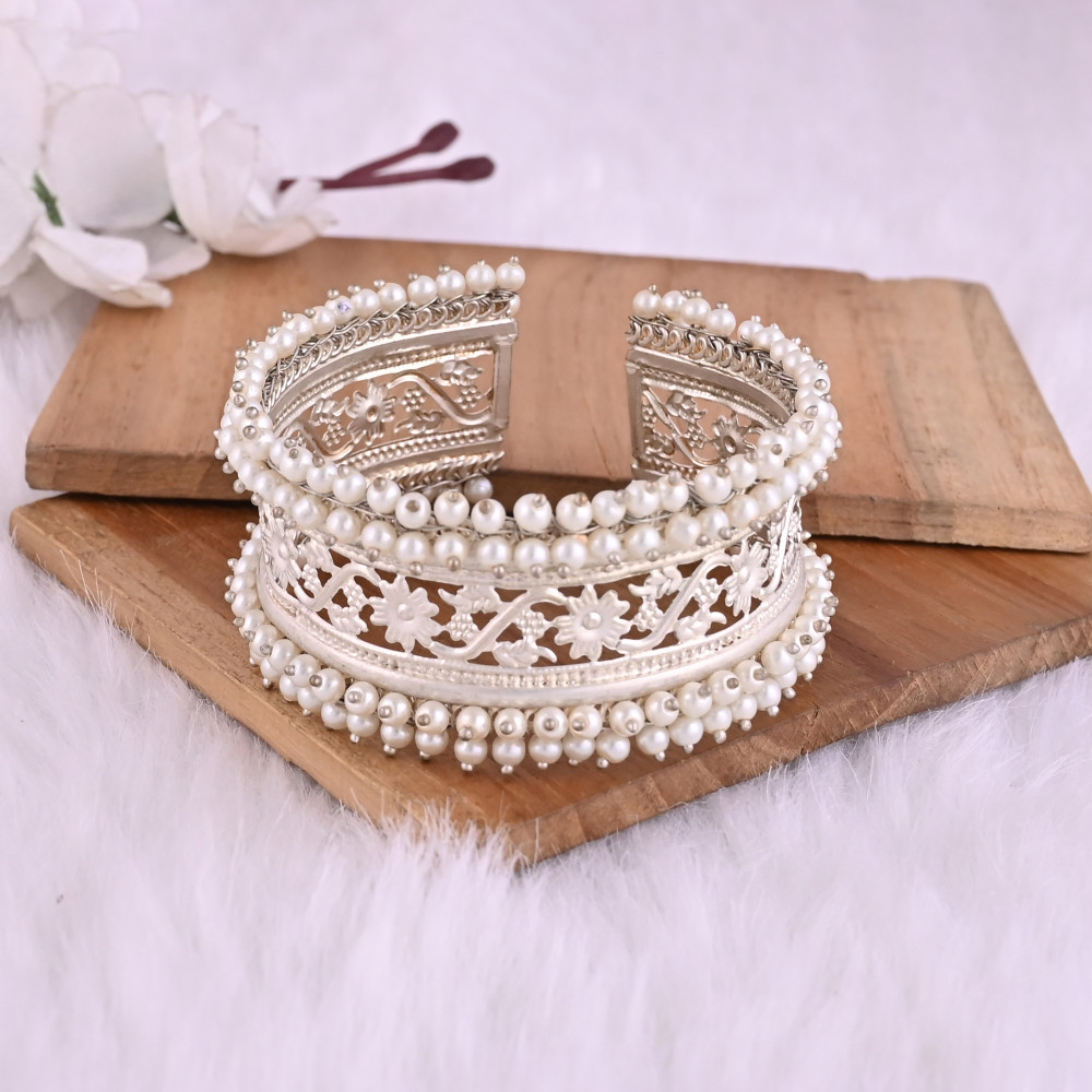 Image of Pearl Embellished Ethnic Cuff Bracelet | Silver Plated Brass Traditional Indian Jewelry
