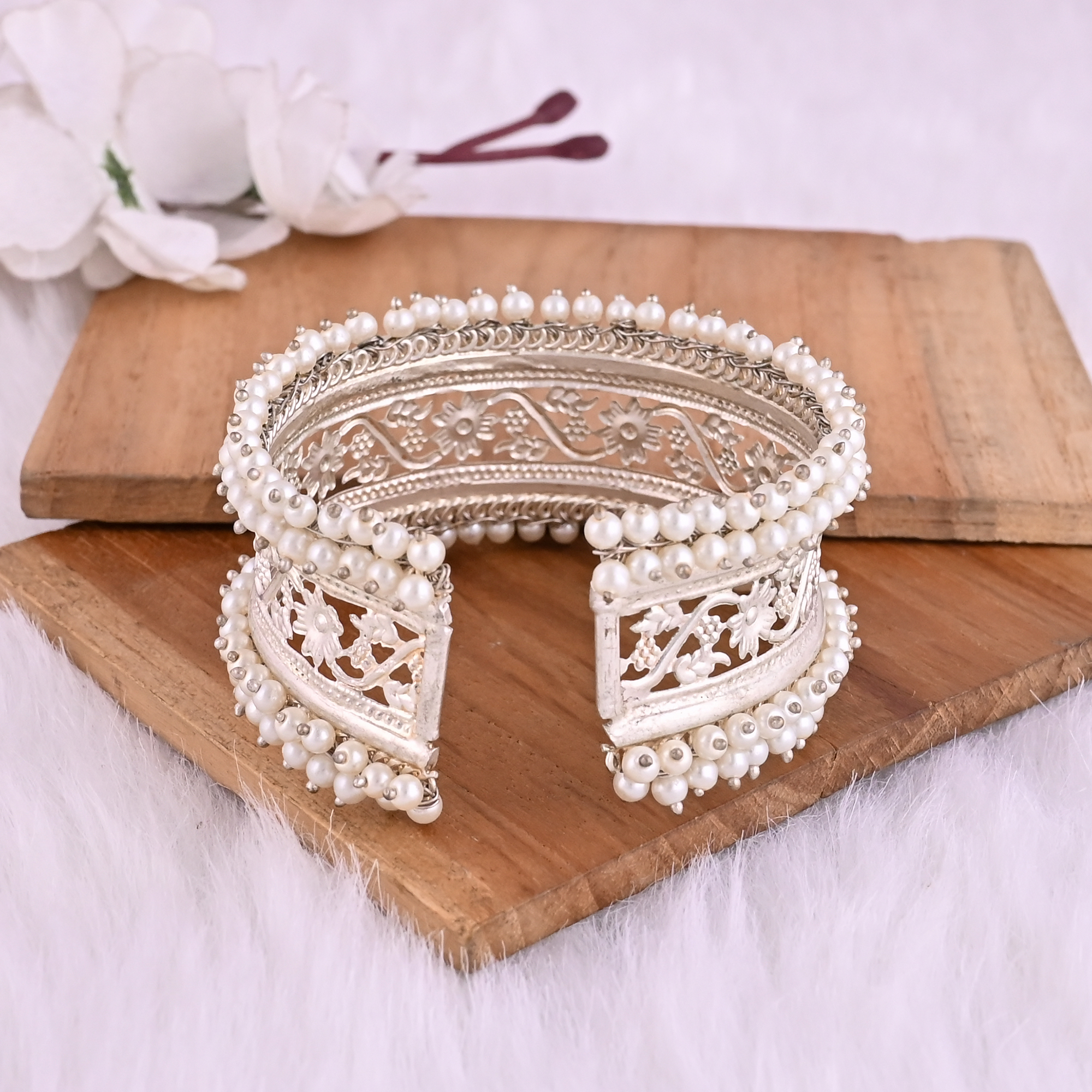 Pearl Embellished Ethnic Cuff Bracelet  Silver Plated Brass Traditional Indian Jewelry