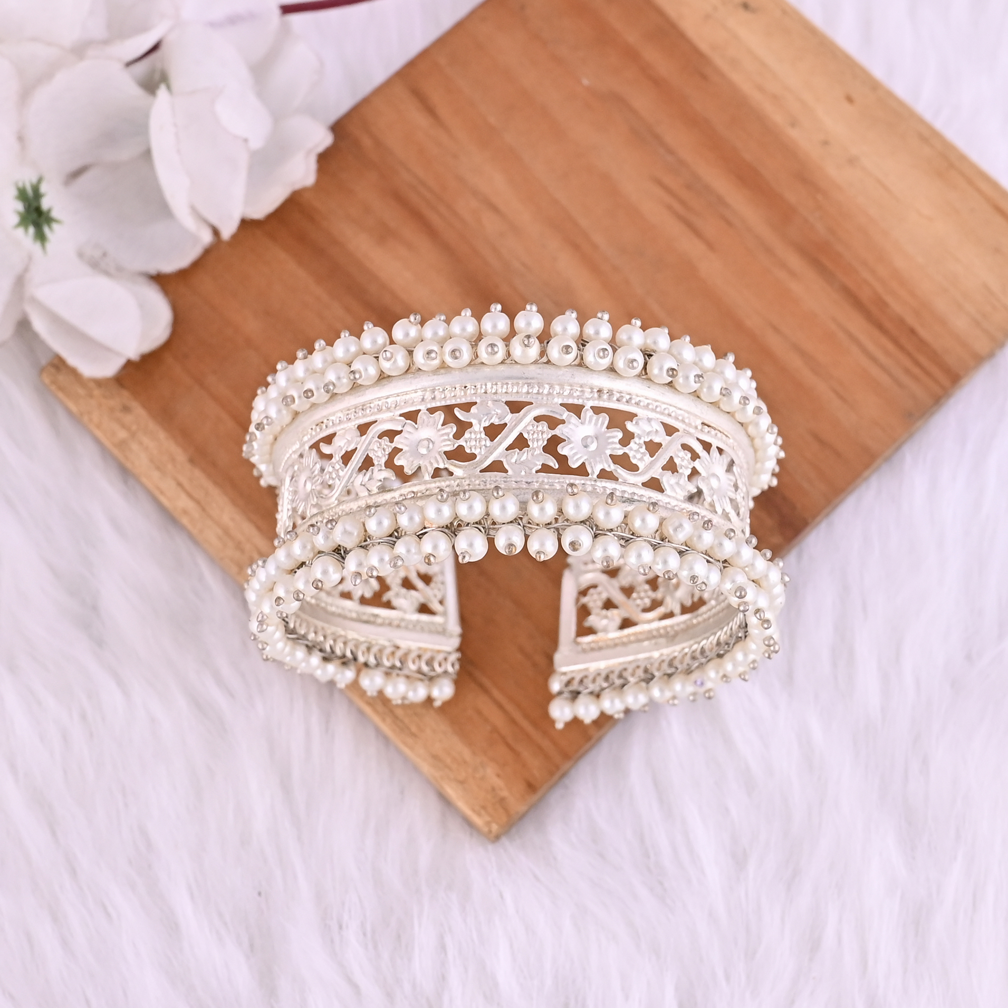 Pearl Embellished Ethnic Cuff Bracelet  Silver Plated Brass Traditional Indian Jewelry