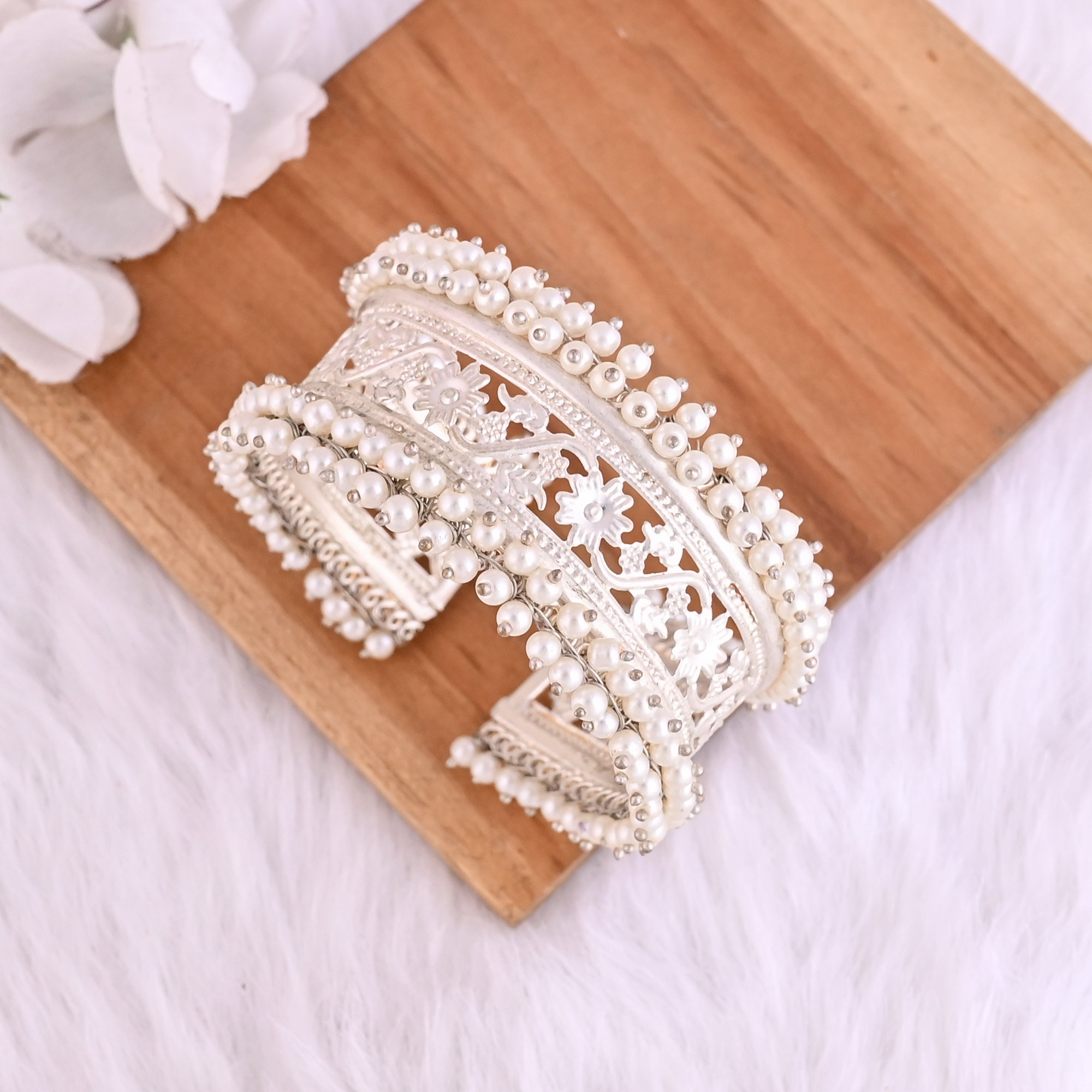 Pearl Embellished Ethnic Cuff Bracelet Silver Plated Brass Traditional Indian Jewelry