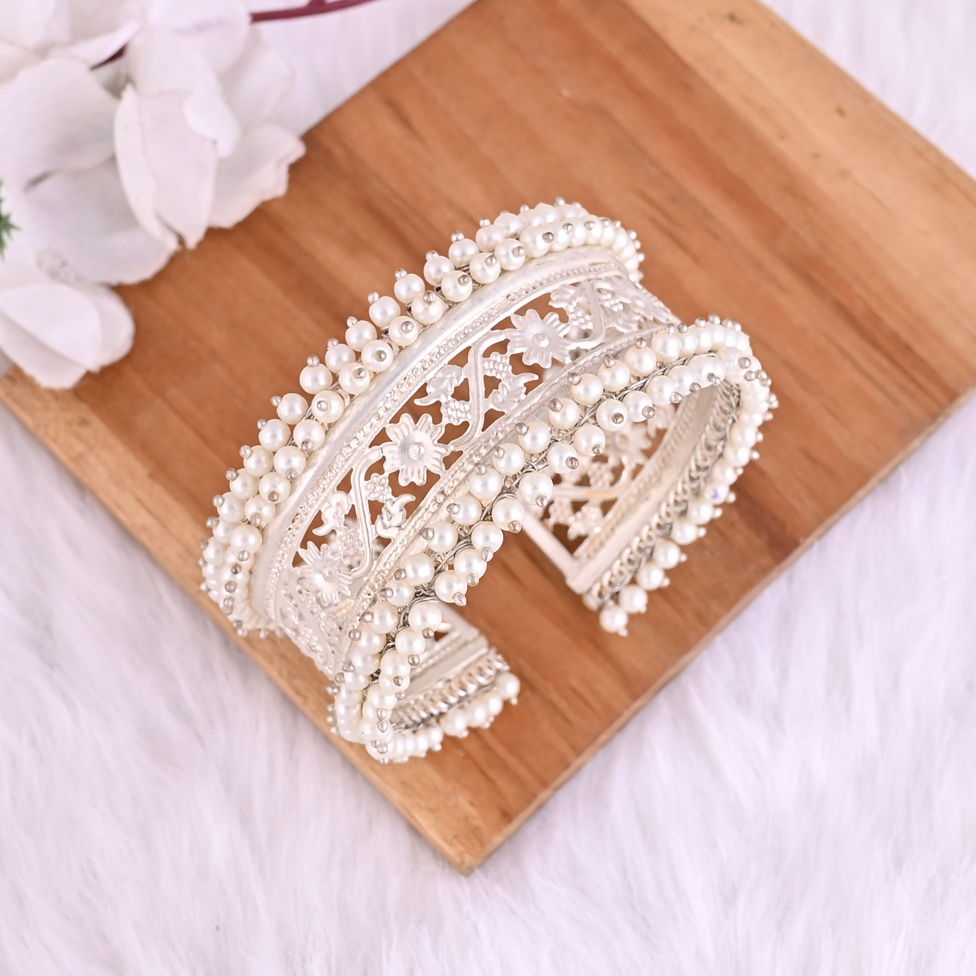 Pearl Embellished Ethnic Cuff Bracelet  Silver Plated Brass Traditional Indian Jewelry