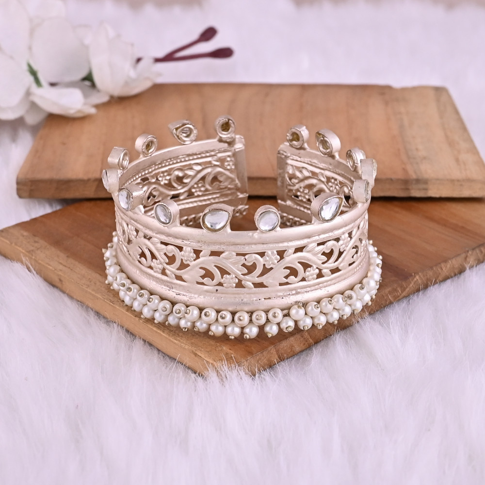 Image of Pearl &amp; Kundan Embellished Ethnic Cuff Bracelet | Silver Plated Brass Traditional Indian Jewelry