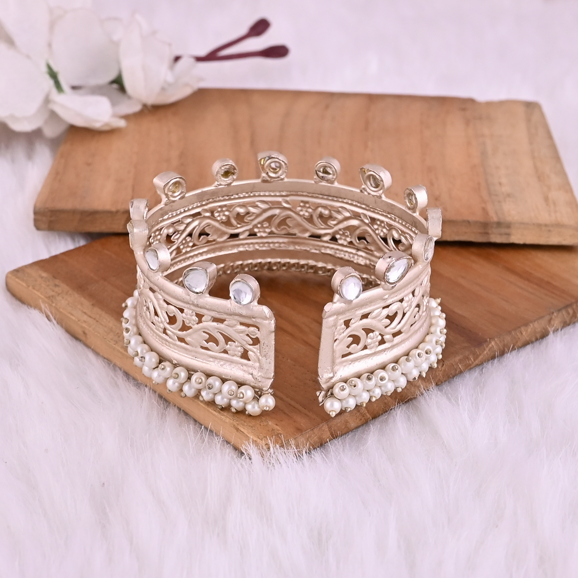 Pearl  Kundan Embellished Ethnic Cuff Bracelet  Silver Plated Brass Traditional Indian Jewelry