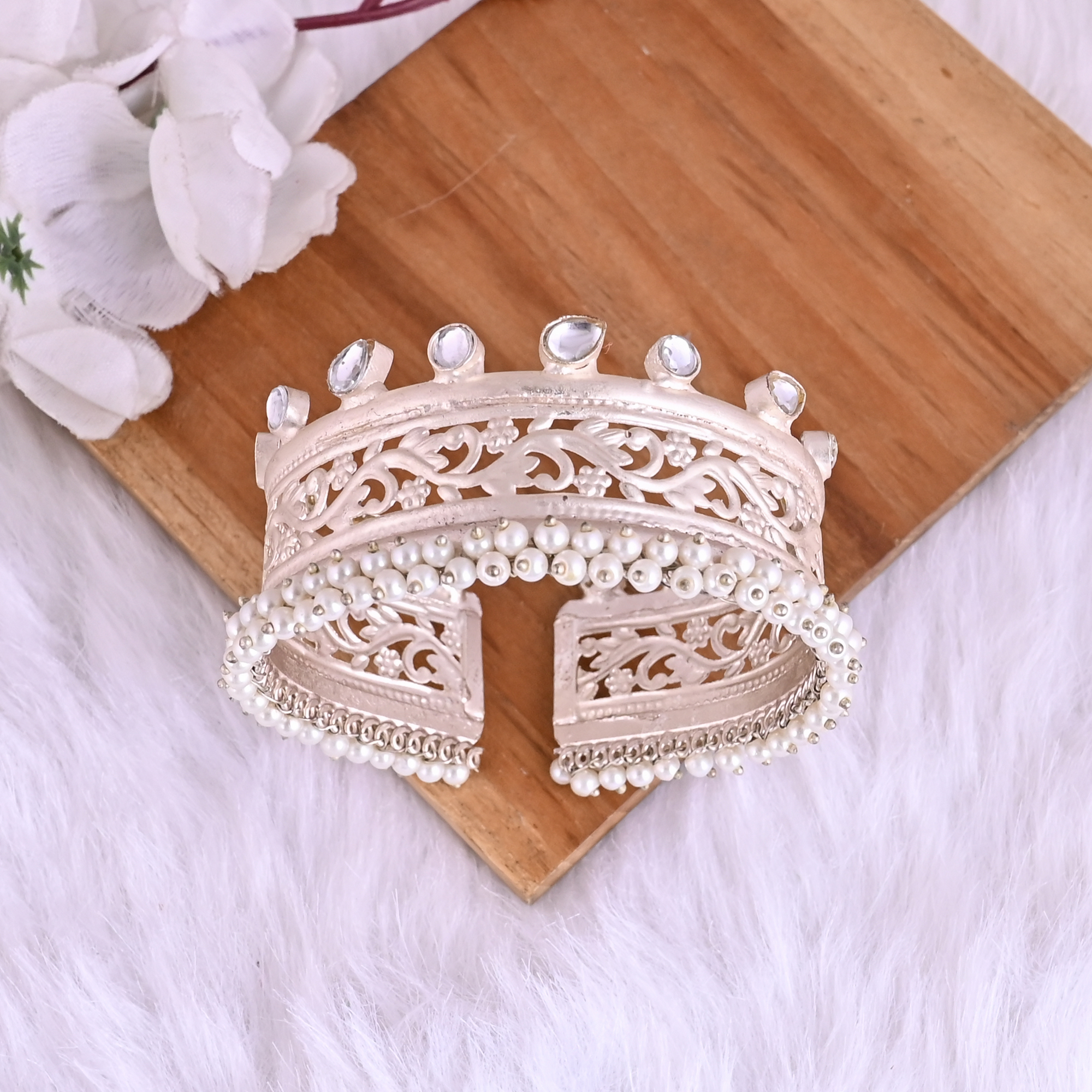 Pearl  Kundan Embellished Ethnic Cuff Bracelet  Silver Plated Brass Traditional Indian Jewelry