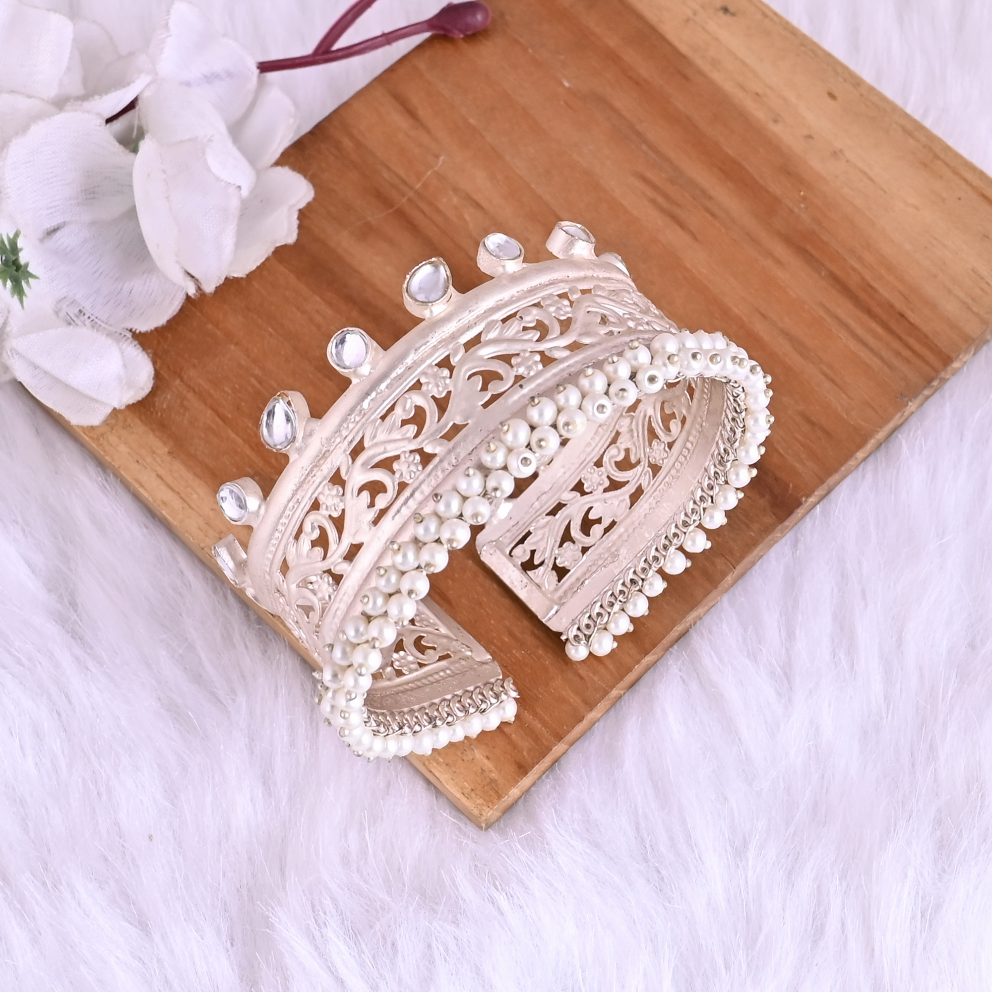 Pearl Kundan Embellished Ethnic Cuff Bracelet Silver Plated Brass Traditional Indian Jewelry