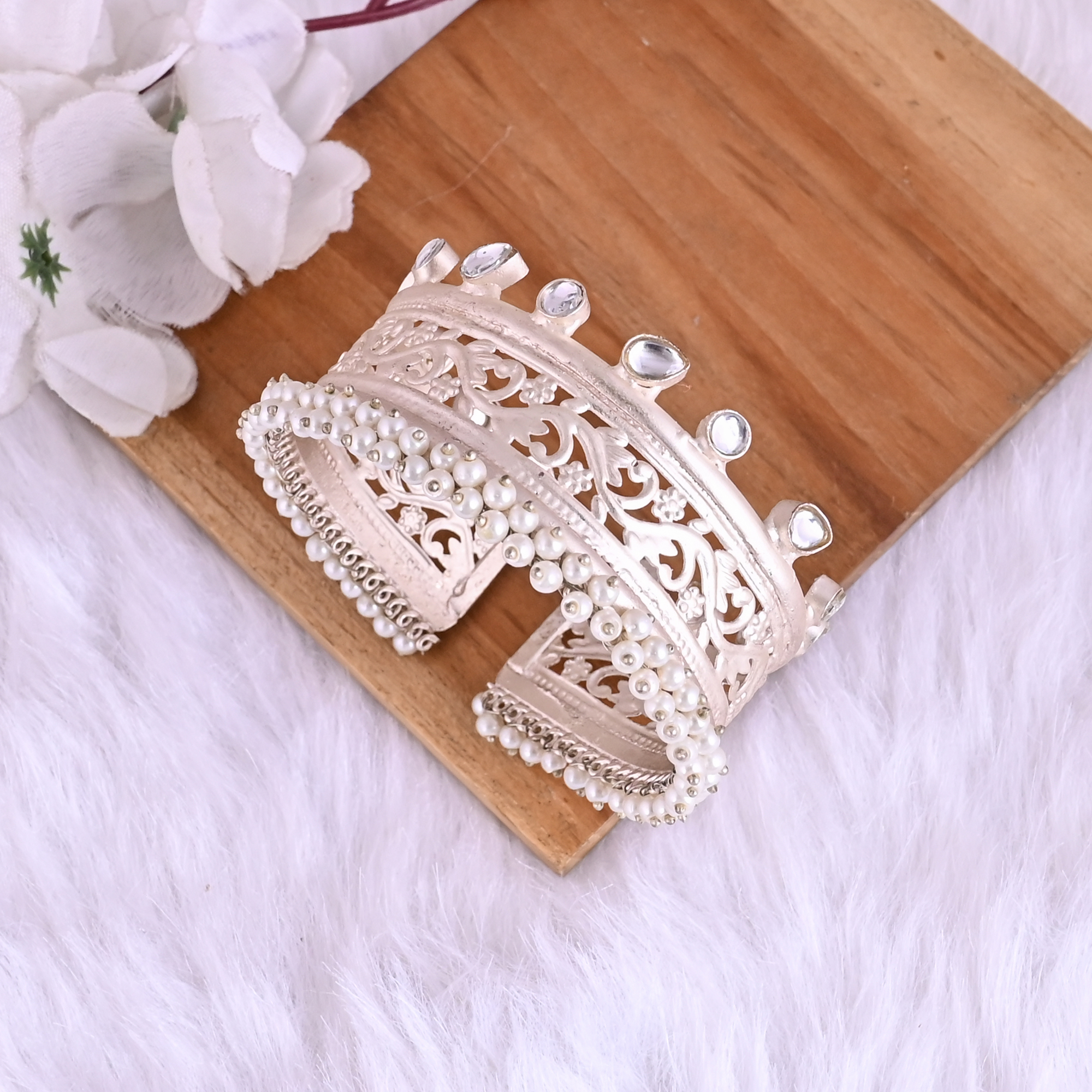 Pearl Kundan Embellished Ethnic Cuff Bracelet Silver Plated Brass Traditional Indian Jewelry