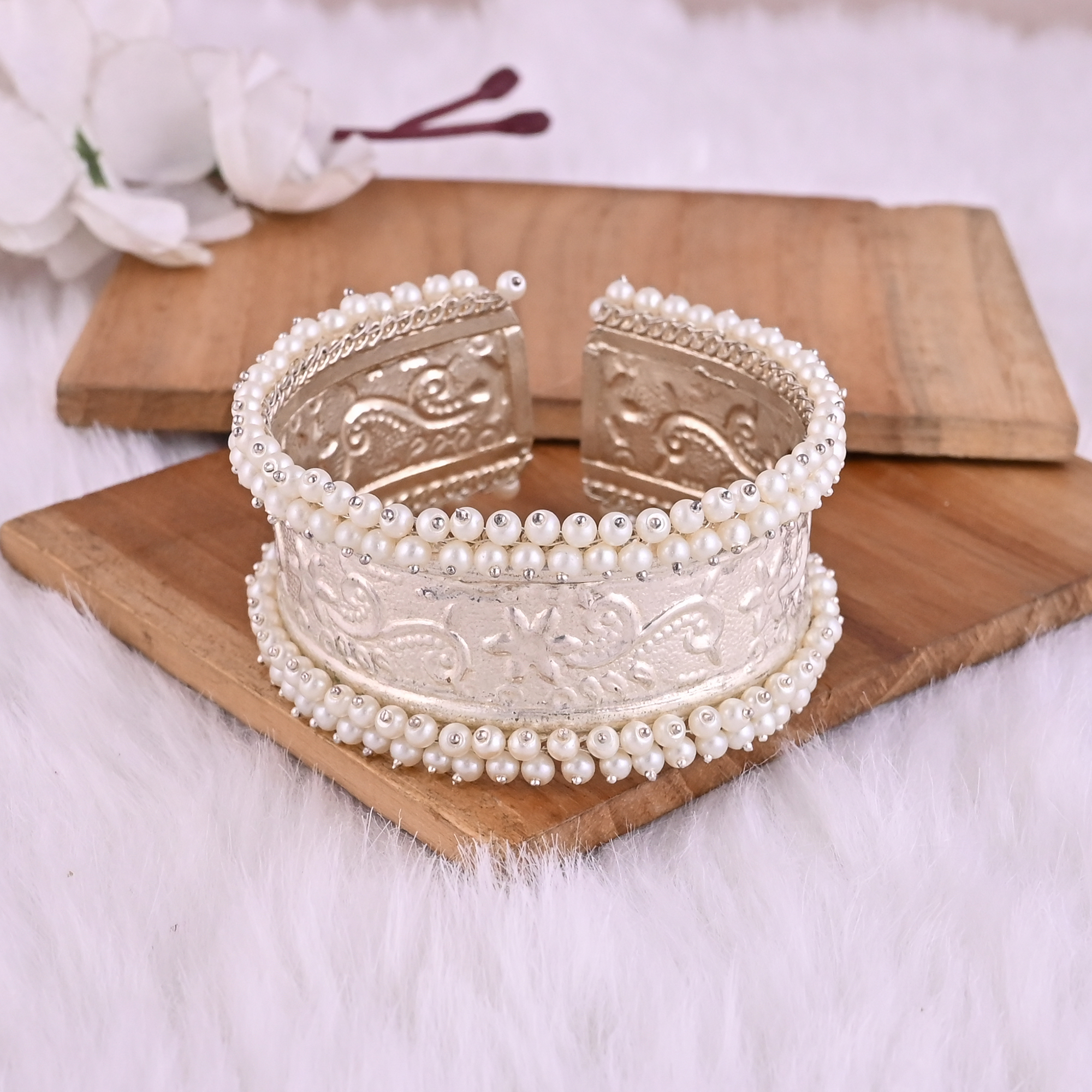 Pearl Embellished Ethnic Cuff Bracelet  Silver Plated Brass Traditional Indian Jewelry
