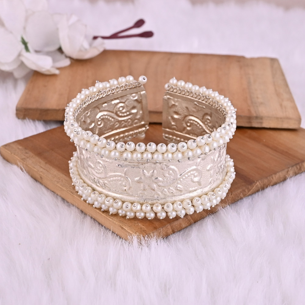 Image of Pearl Embellished Ethnic Cuff Bracelet | Silver Plated Brass Traditional Indian Jewelry