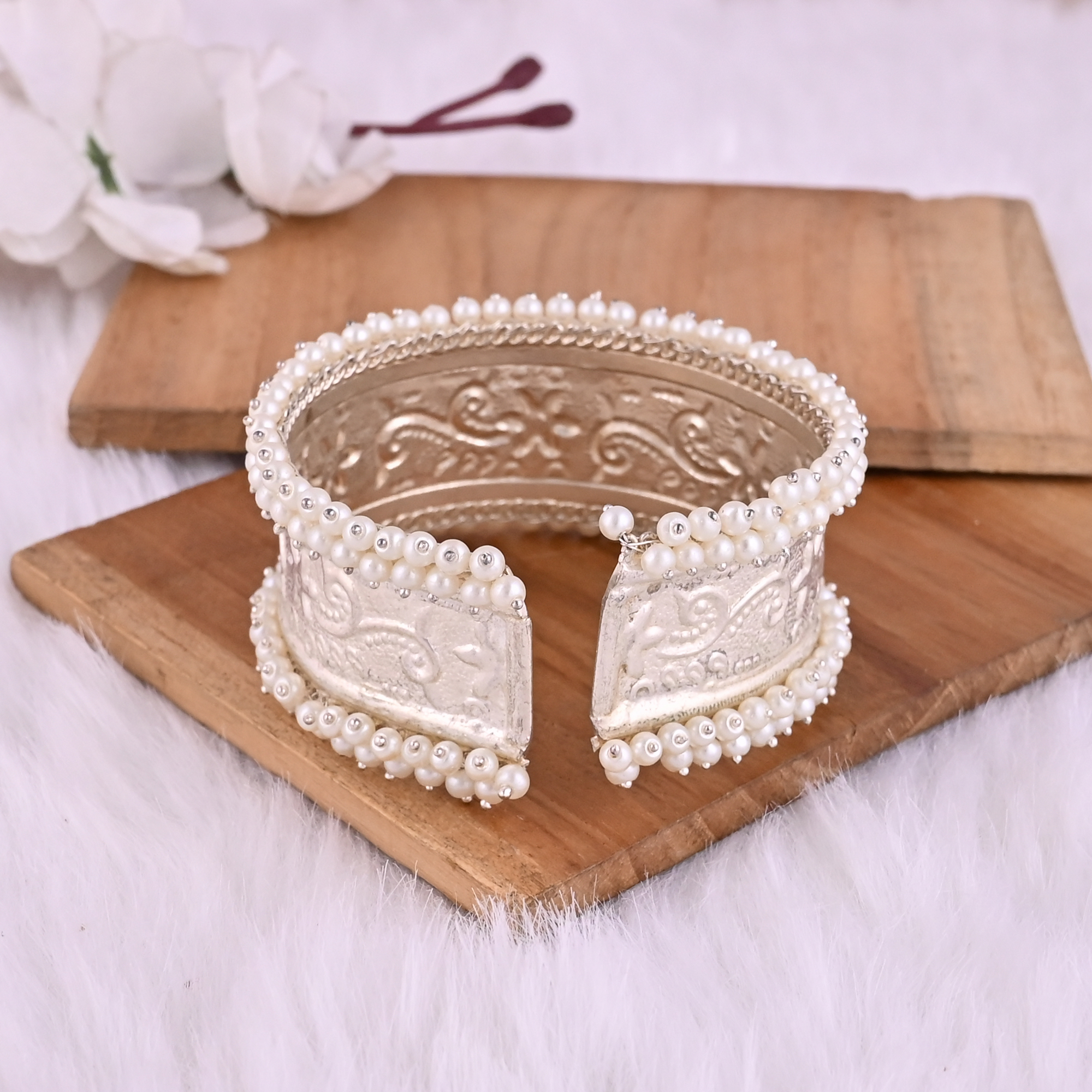 Pearl Embellished Ethnic Cuff Bracelet Silver Plated Brass Traditional Indian Jewelry