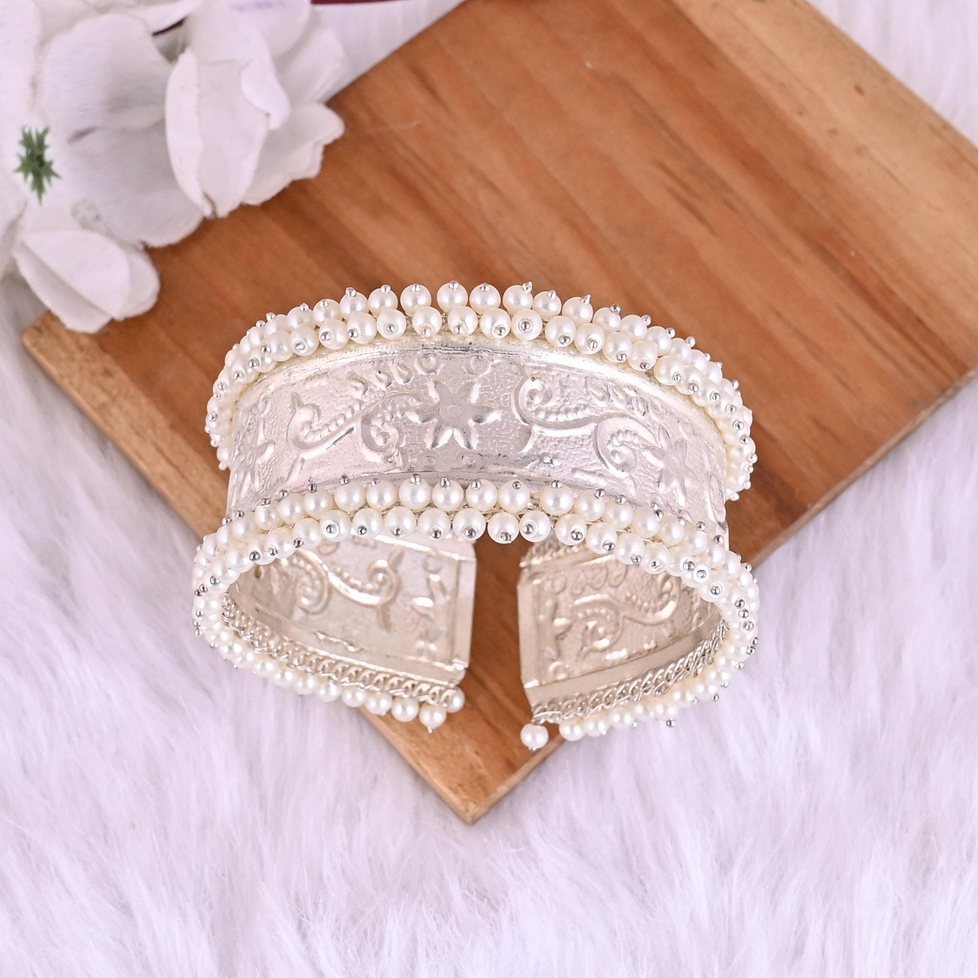 Pearl Embellished Ethnic Cuff Bracelet  Silver Plated Brass Traditional Indian Jewelry