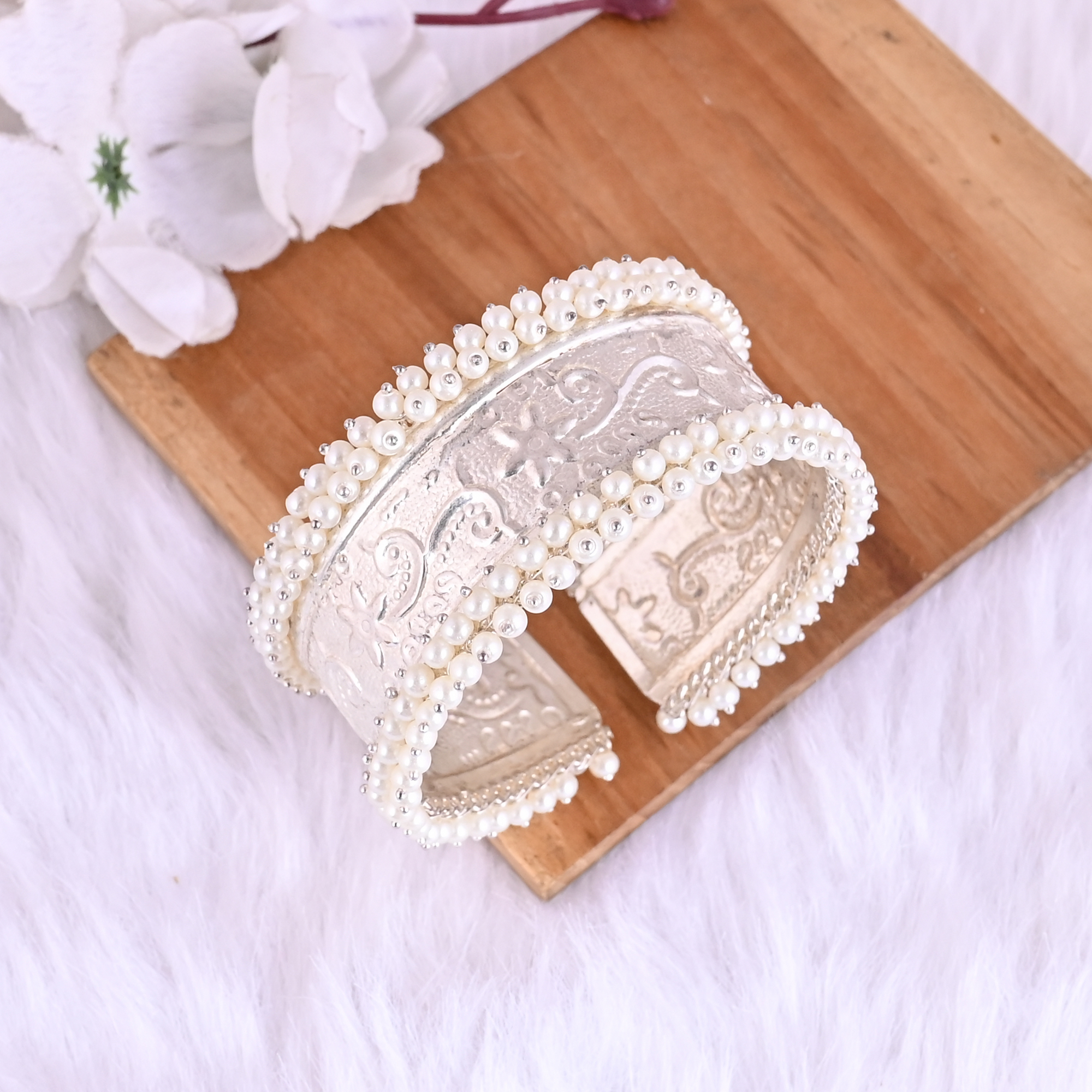 Pearl Embellished Ethnic Cuff Bracelet  Silver Plated Brass Traditional Indian Jewelry