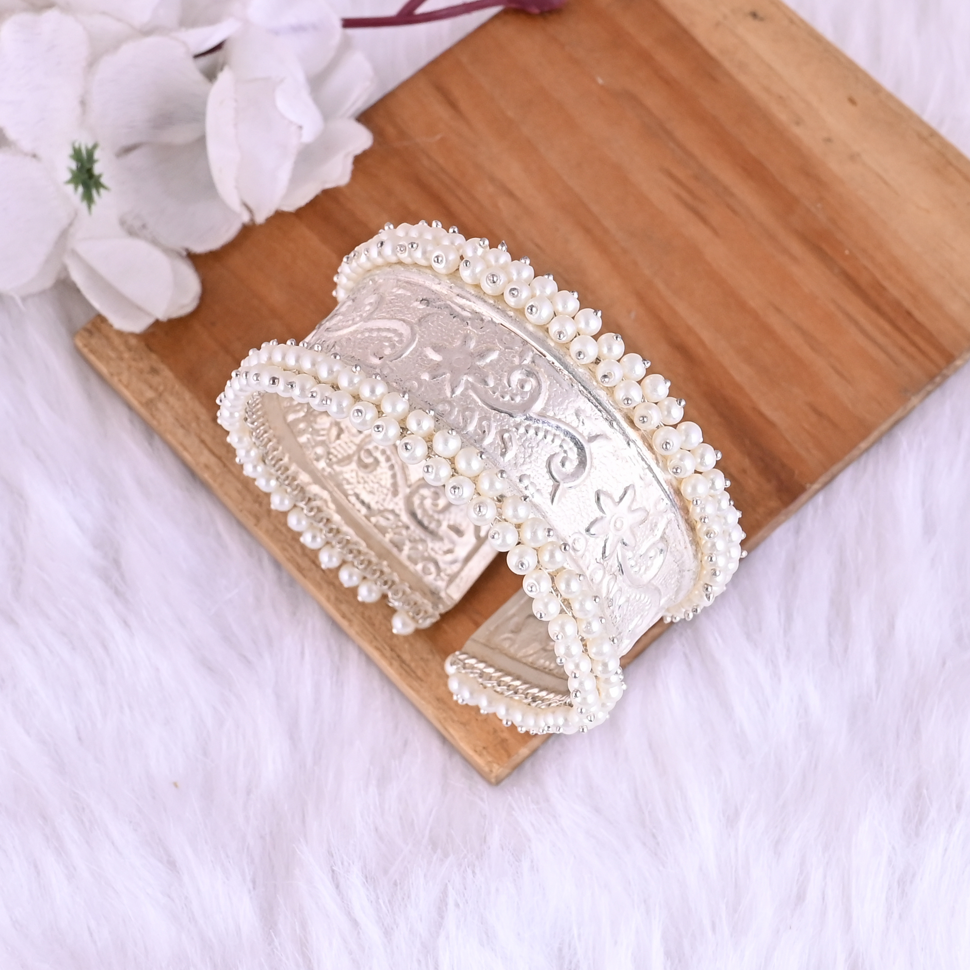 Pearl Embellished Ethnic Cuff Bracelet Silver Plated Brass Traditional Indian Jewelry