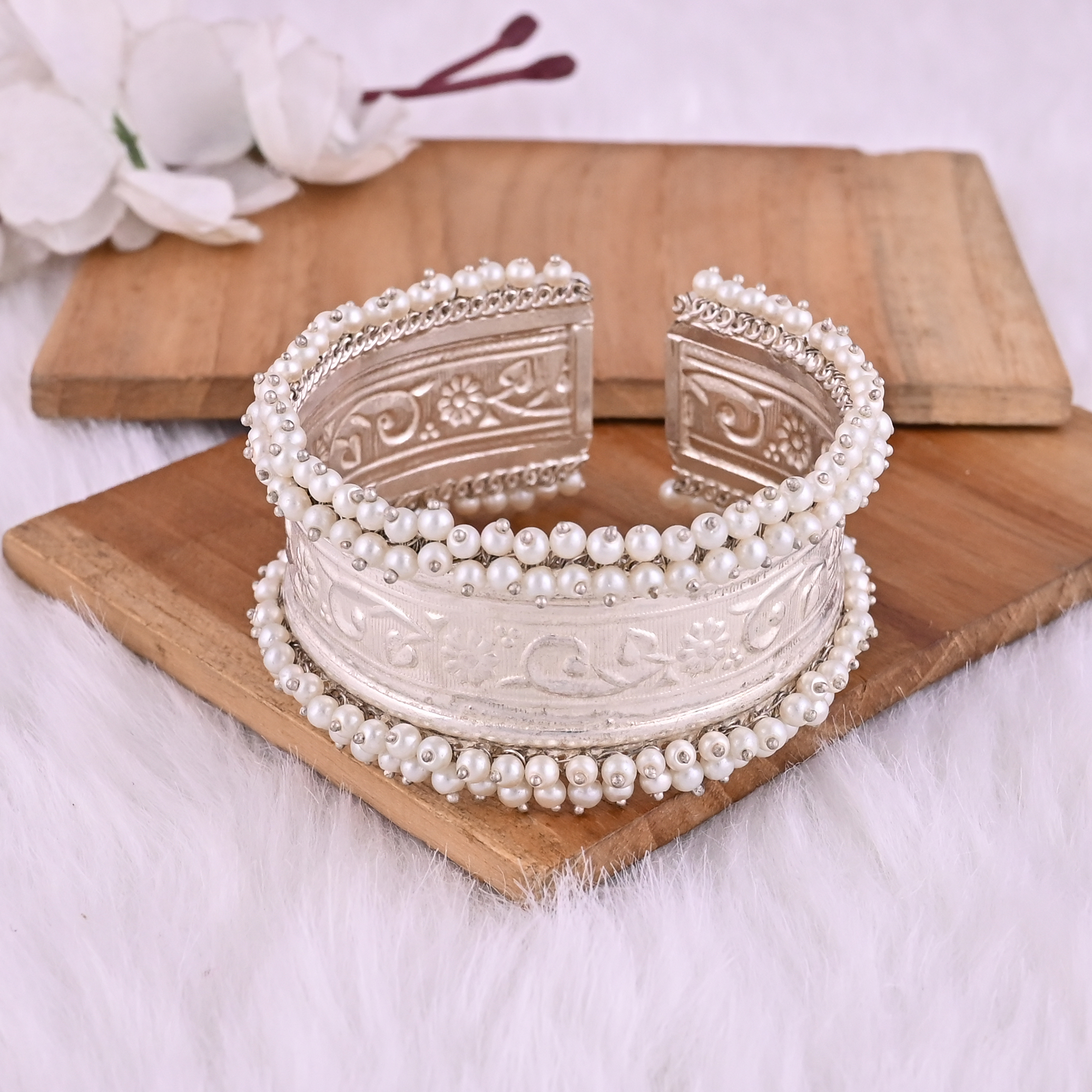 Pearl Embellished Ethnic Cuff Bracelet  Silver Plated Brass Traditional Indian Jewelry
