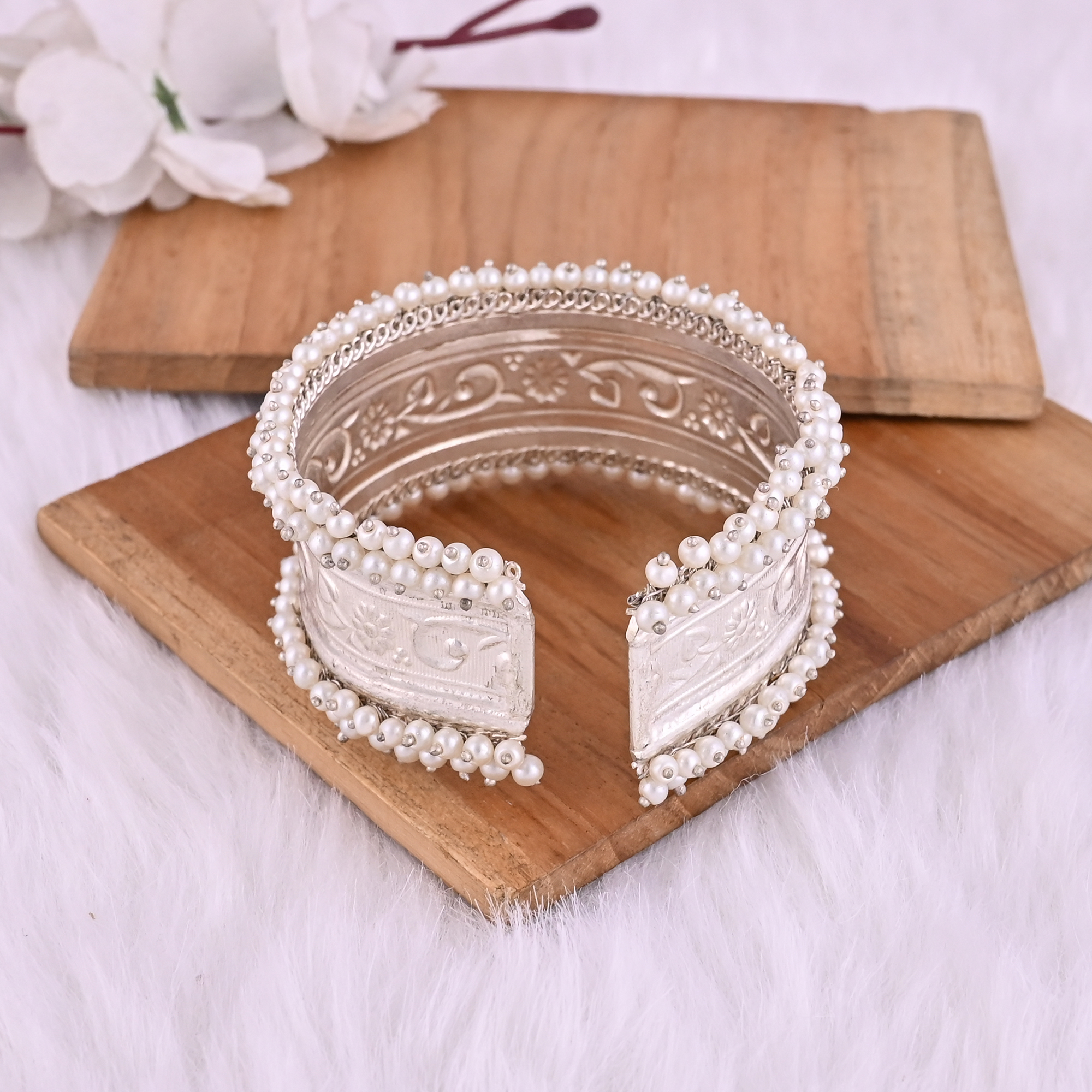 Pearl Embellished Ethnic Cuff Bracelet  Silver Plated Brass Traditional Indian Jewelry