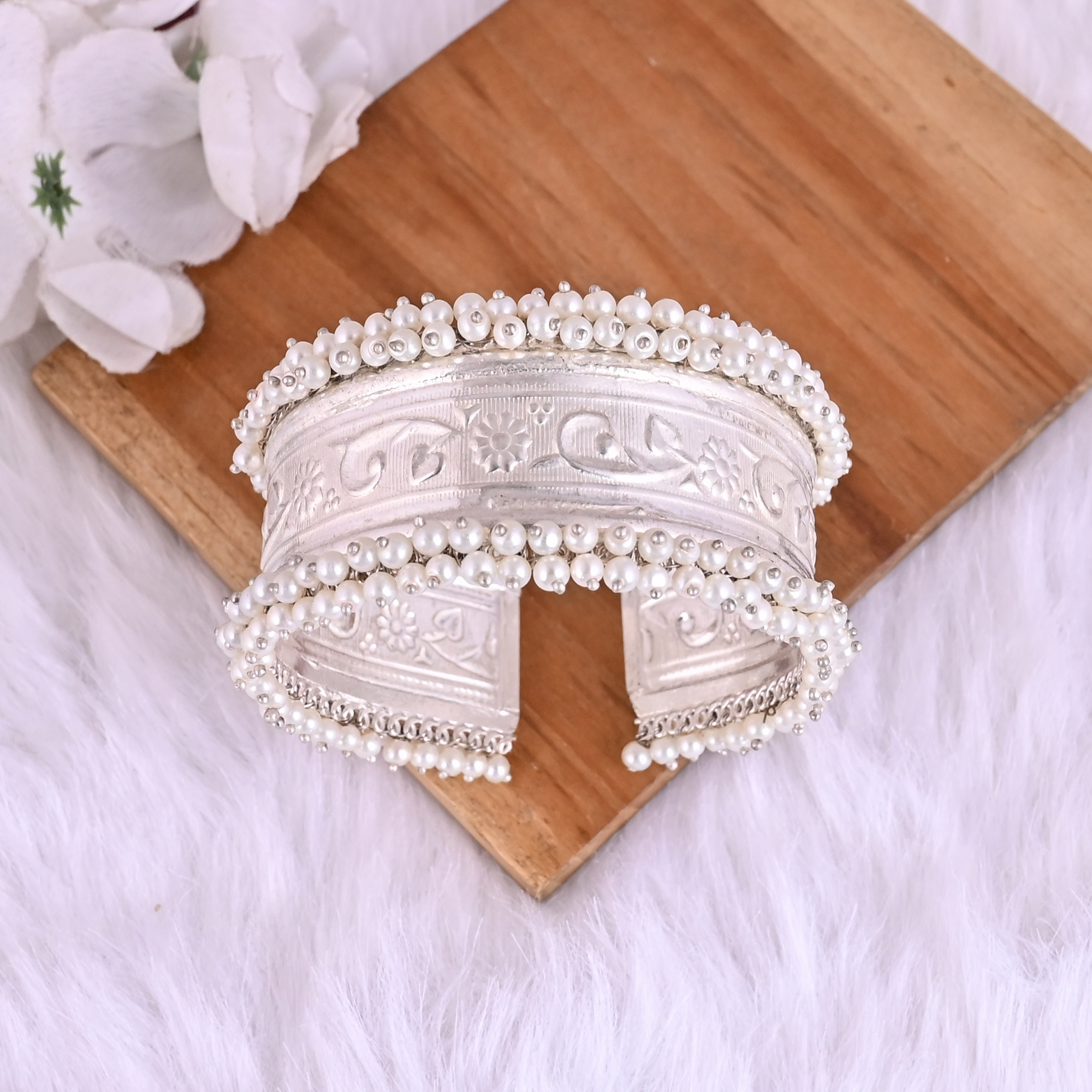 Pearl Embellished Ethnic Cuff Bracelet  Silver Plated Brass Traditional Indian Jewelry