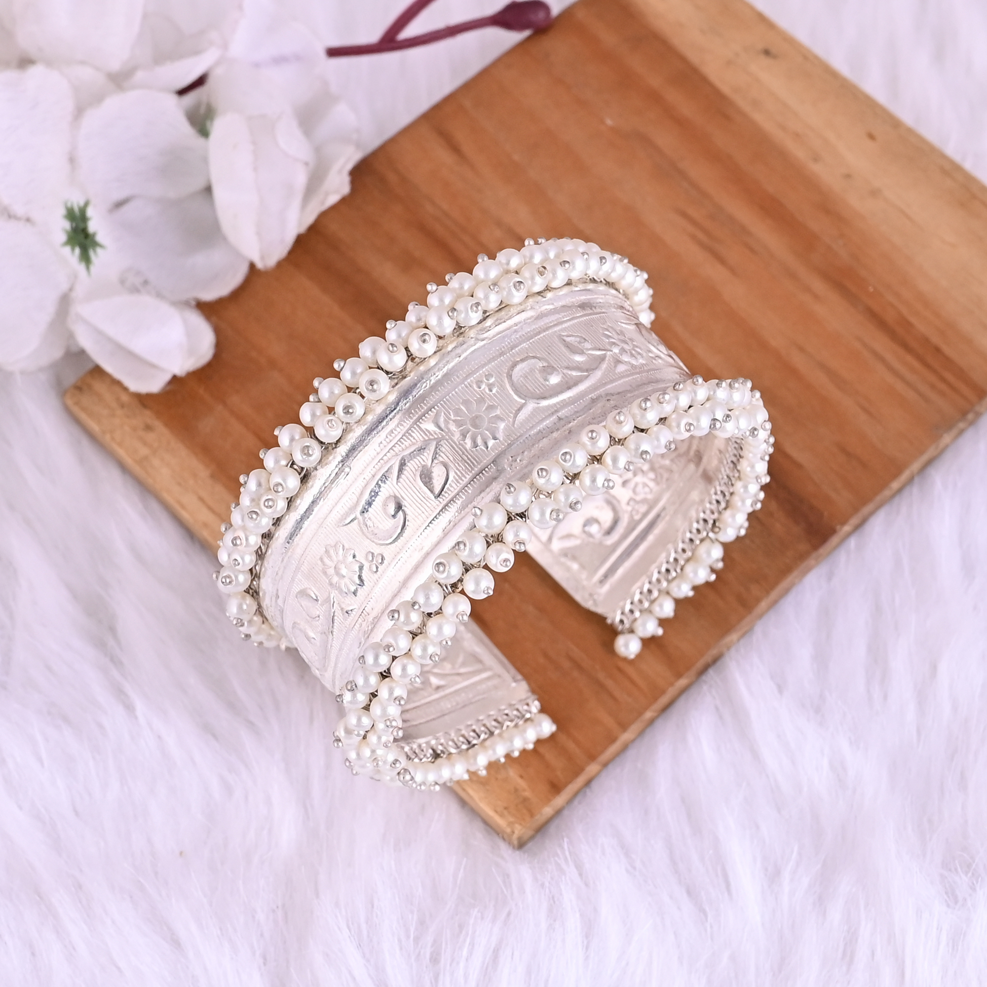 Pearl Embellished Ethnic Cuff Bracelet Silver Plated Brass Traditional Indian Jewelry