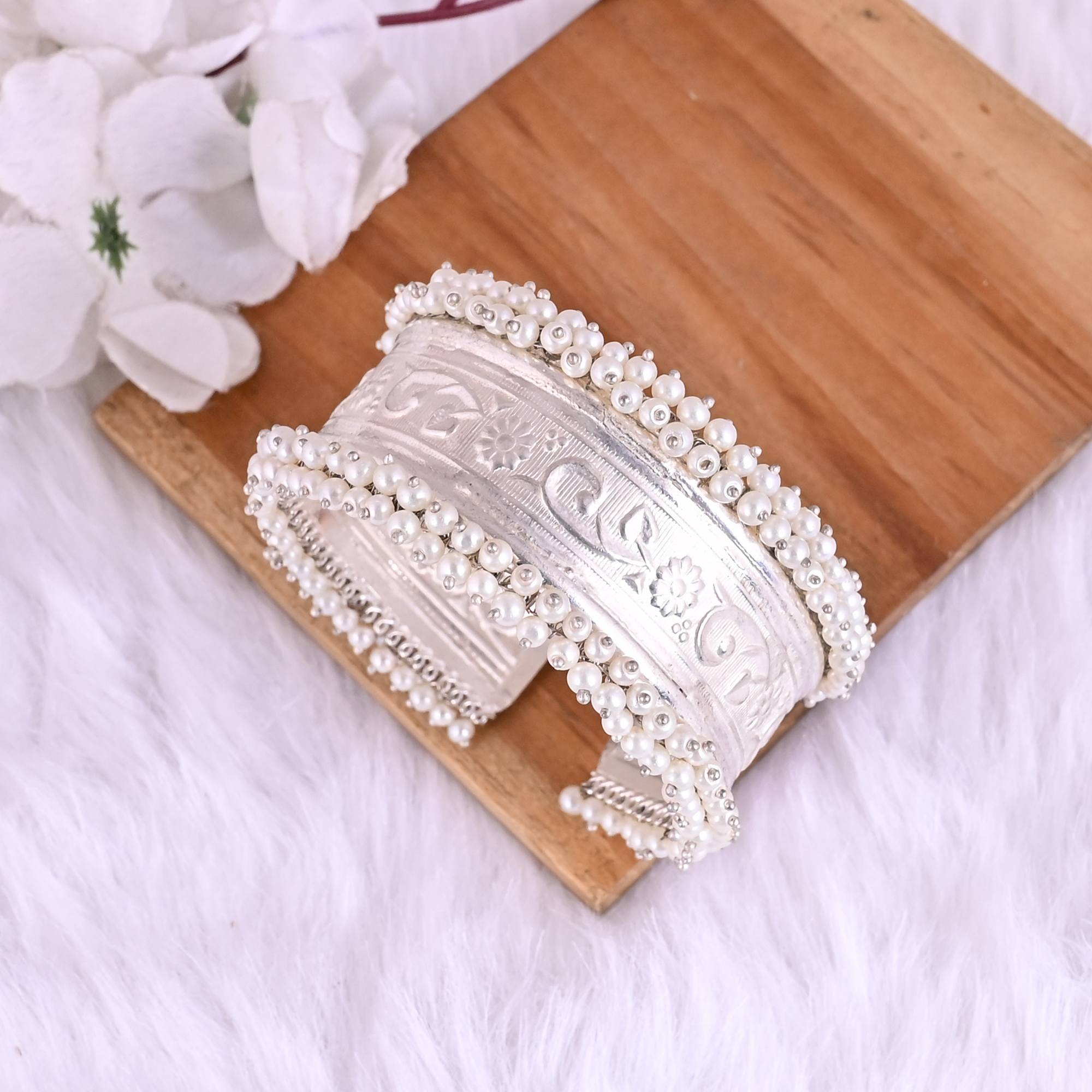 Pearl Embellished Ethnic Cuff Bracelet Silver Plated Brass Traditional Indian Jewelry
