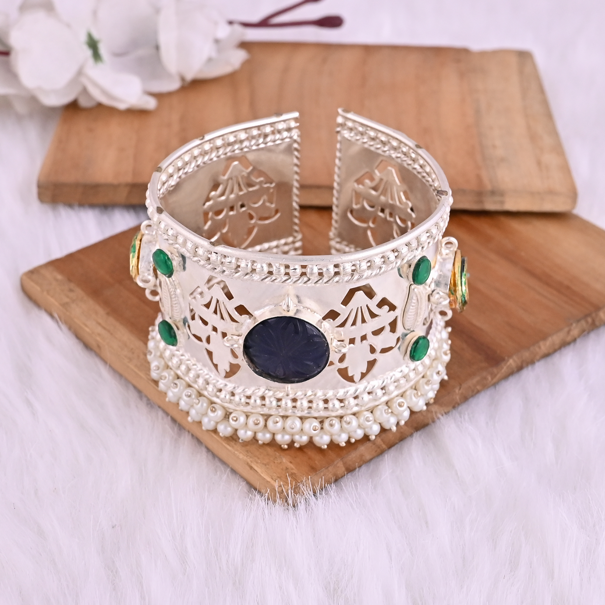 Blue Hydro Green Hydro CZ Pearl Ethnic Cuff Bracelet Silver Plated Brass Jewelry
