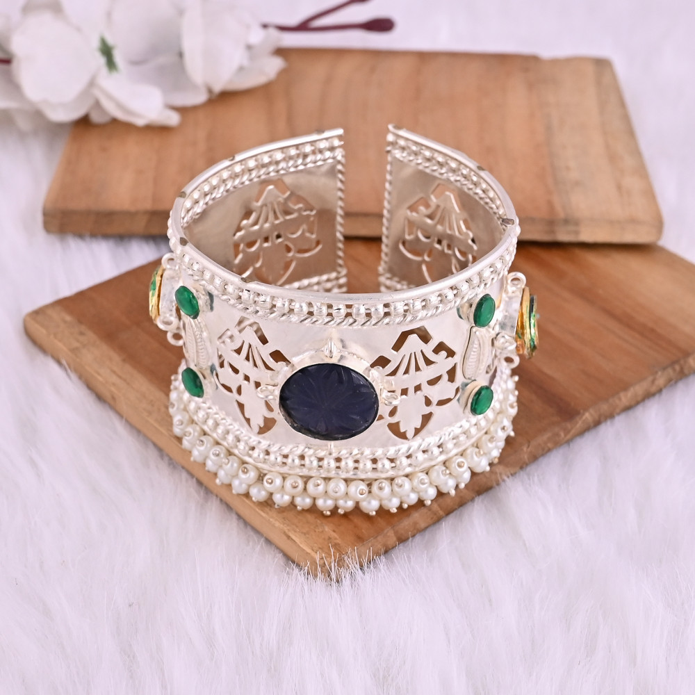 Image of Blue Hydro &amp; Green Hydro CZ Pearl Ethnic Cuff Bracelet | Silver Plated Brass Jewelry