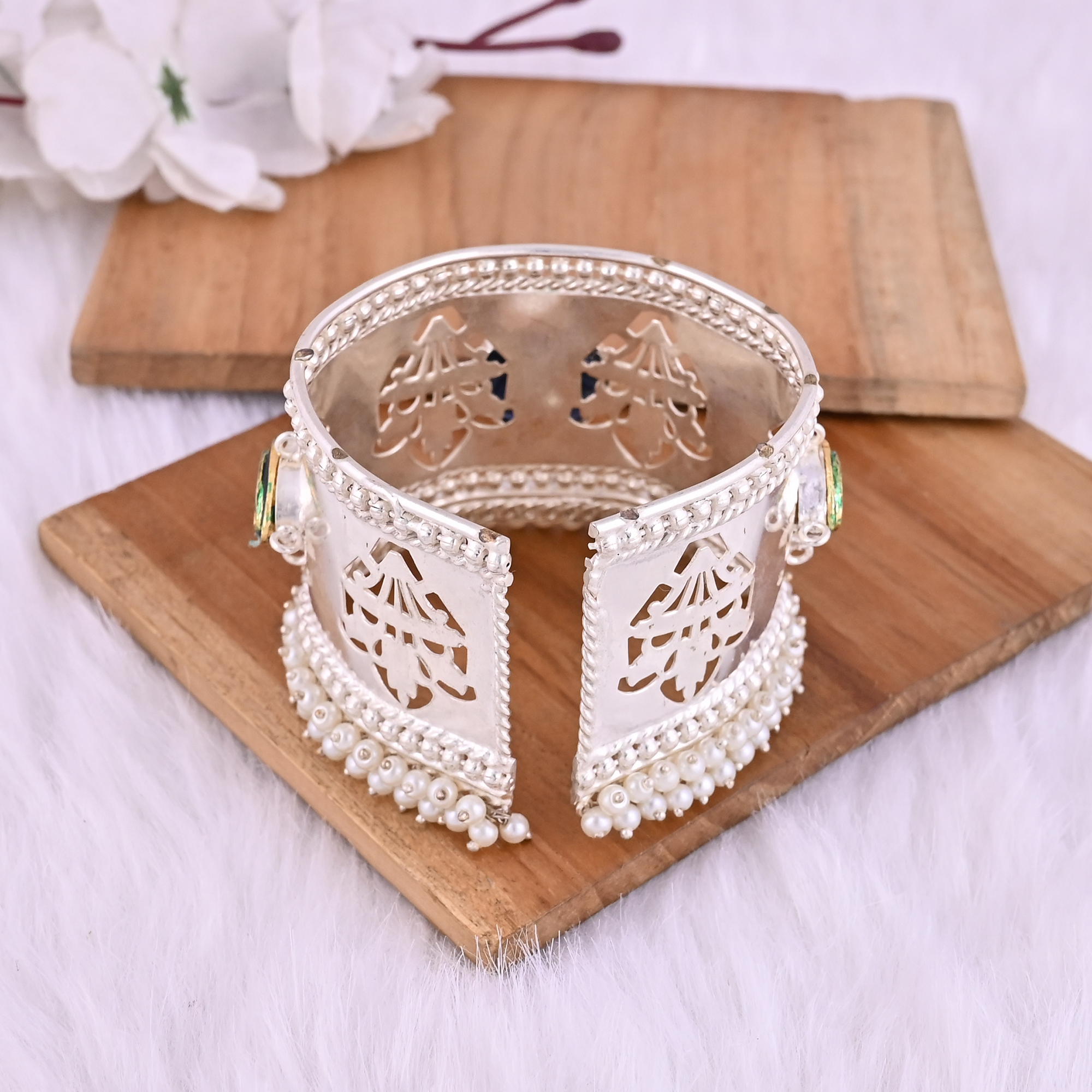 Blue Hydro  Green Hydro CZ Pearl Ethnic Cuff Bracelet  Silver Plated Brass Jewelry