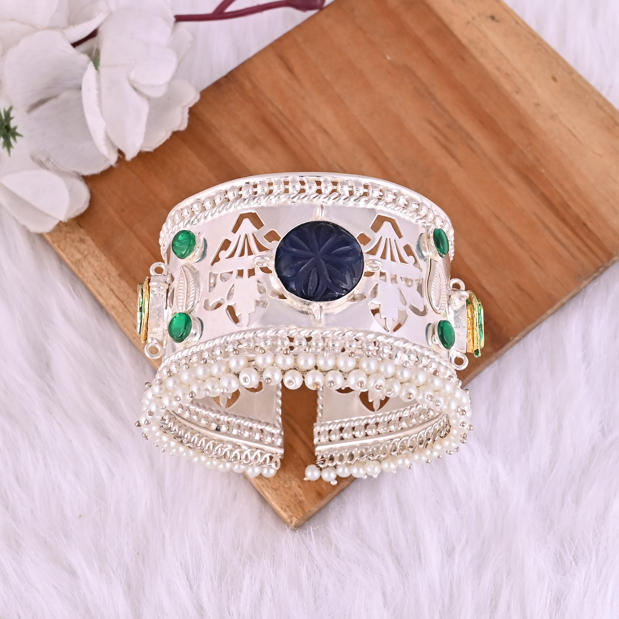 Blue Hydro Green Hydro CZ Pearl Ethnic Cuff Bracelet Silver Plated Brass Jewelry