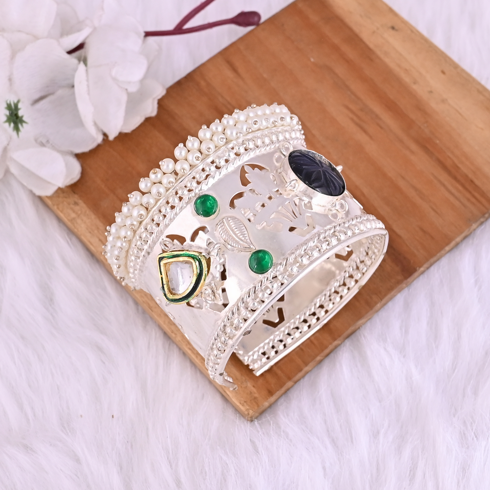 Blue Hydro  Green Hydro CZ Pearl Ethnic Cuff Bracelet  Silver Plated Brass Jewelry