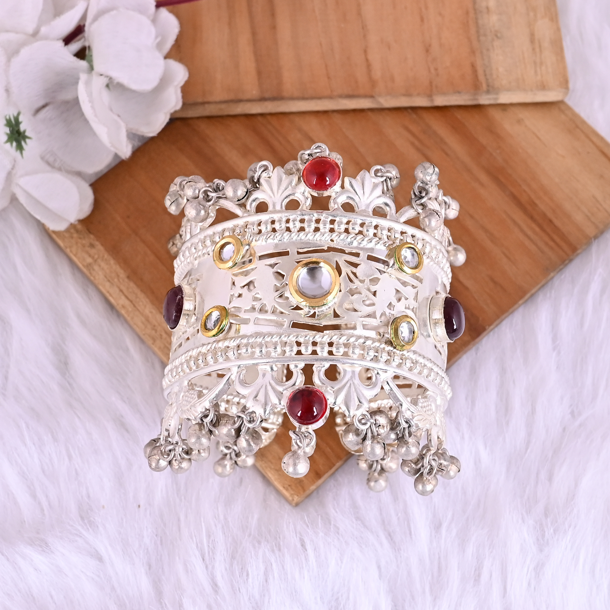 Garnet Hydro Red Hydro Kundan Ethnic Cuff Bracelet Silver Plated Brass Jewelry