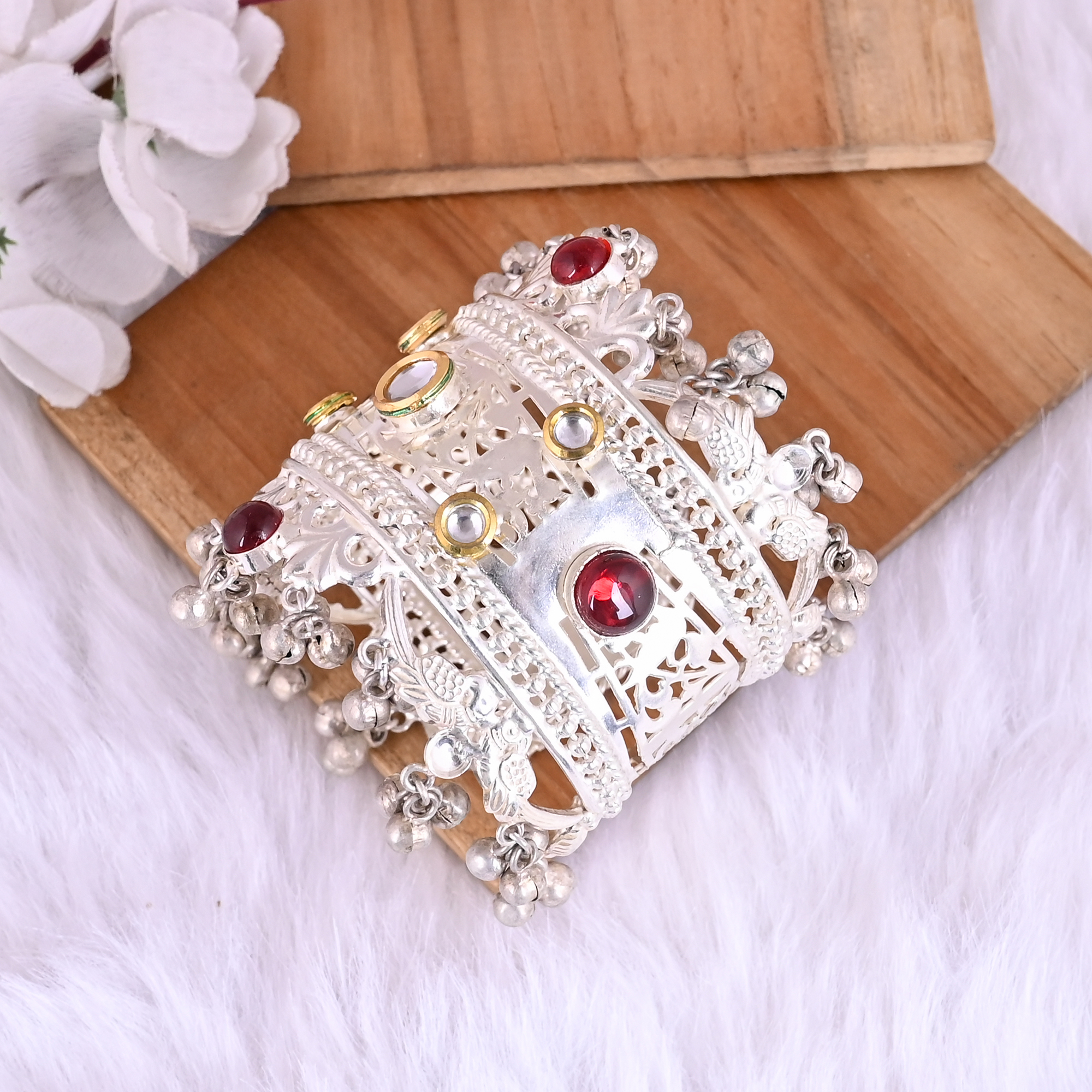 Garnet Hydro  Red Hydro Kundan Ethnic Cuff Bracelet  Silver Plated Brass Jewelry