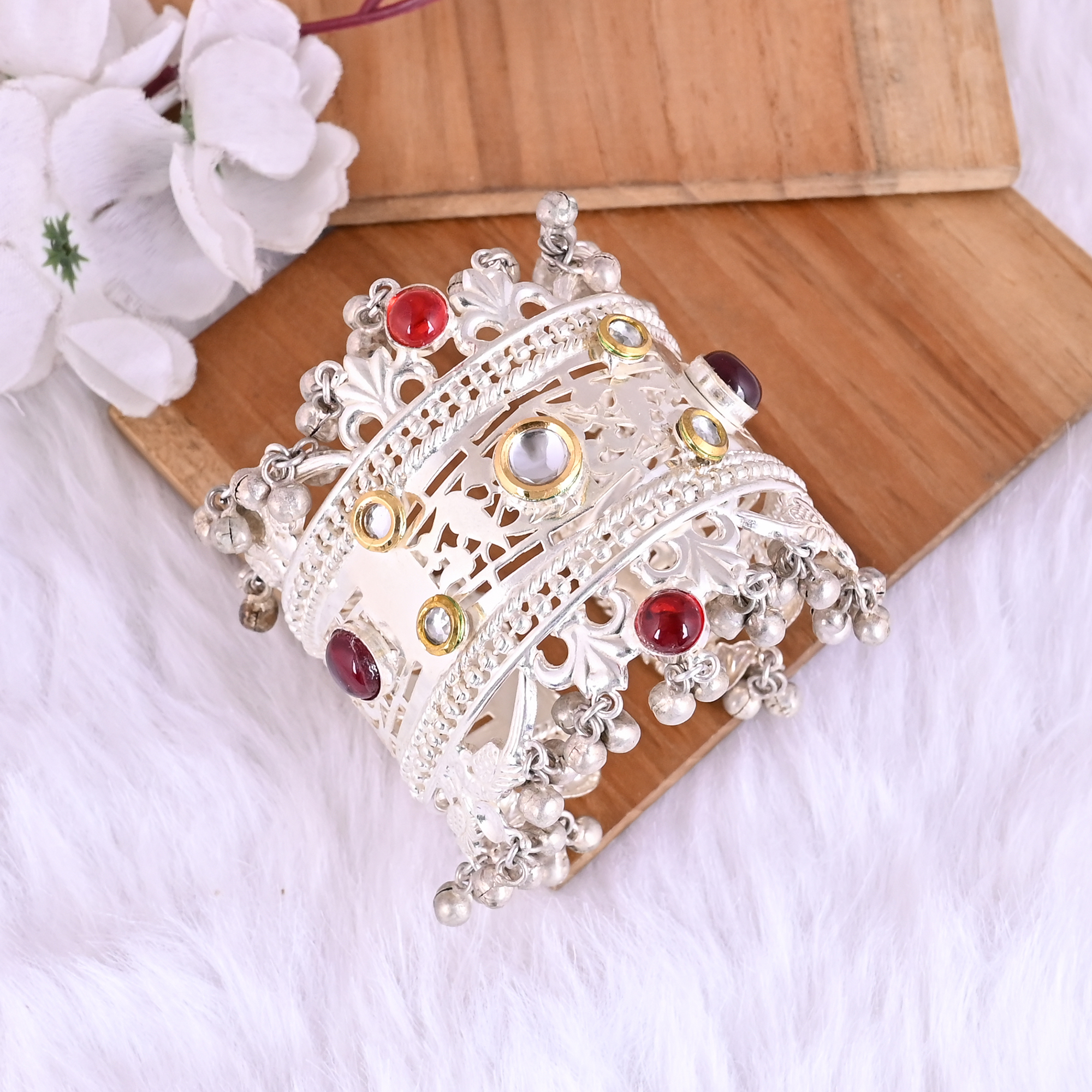 Garnet Hydro  Red Hydro Kundan Ethnic Cuff Bracelet  Silver Plated Brass Jewelry