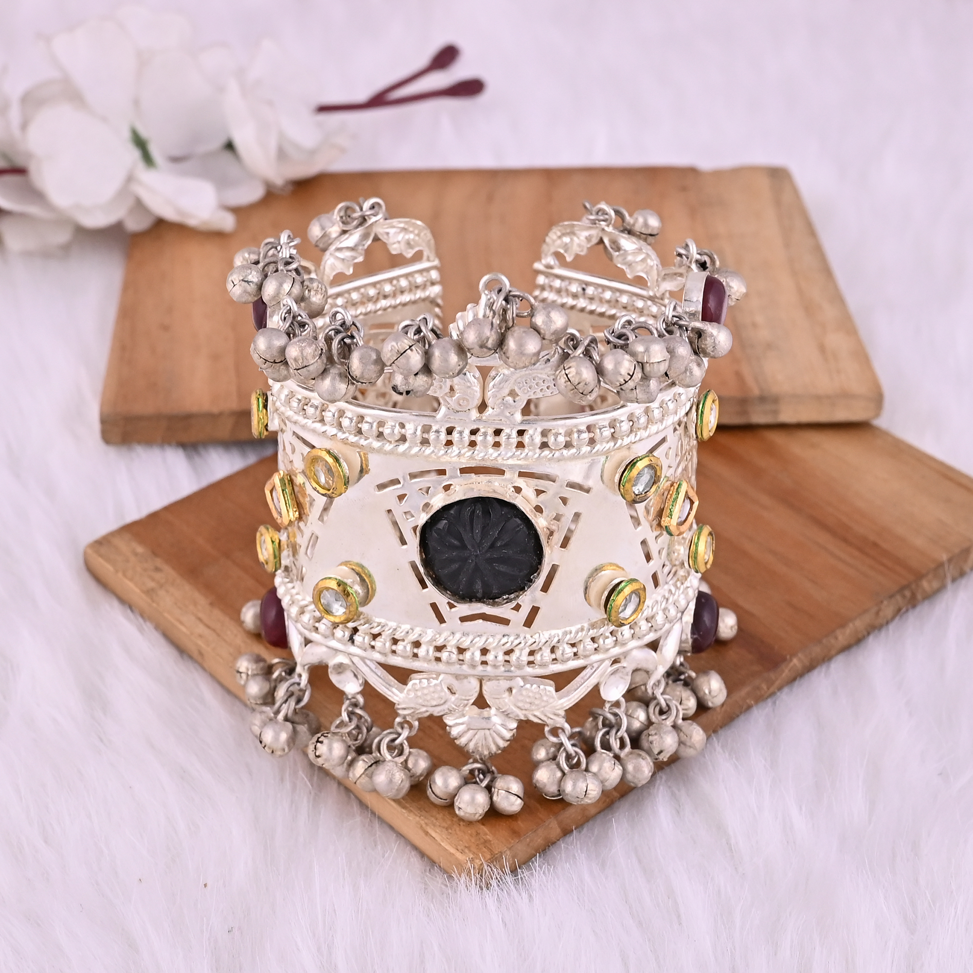 Garnet Hydro  Black Onyx  Kundan Ethnic Cuff Bracelet  Silver Plated Brass Jewelry