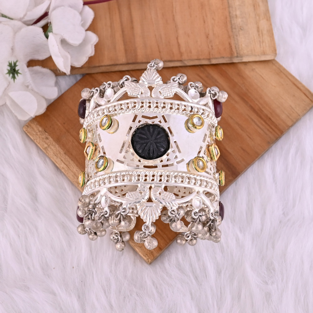 Image of Garnet Hydro &amp; Black Onyx &amp; Kundan Ethnic Cuff Bracelet | Silver Plated Brass Jewelry