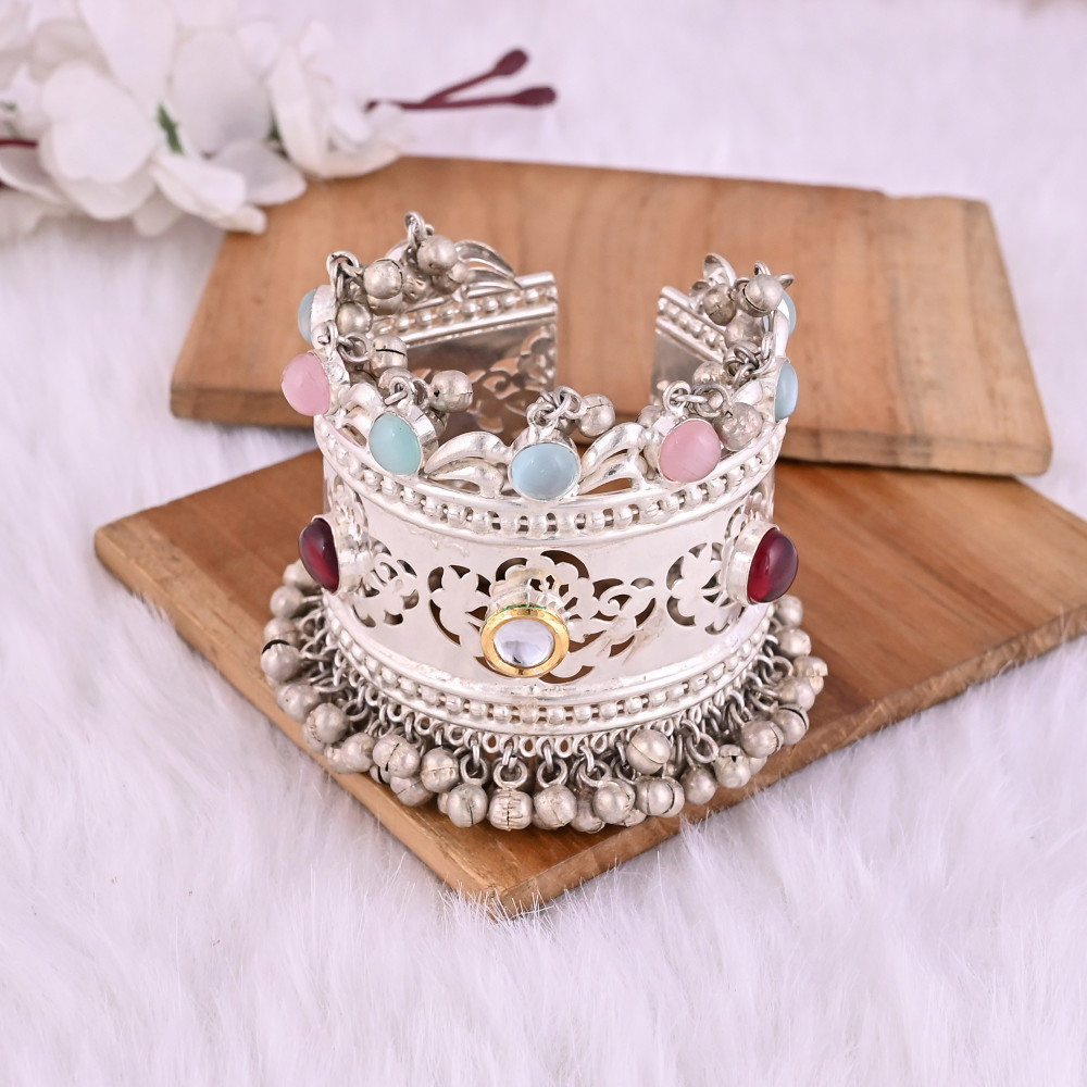Image of Pink Hydro &amp; Blue Hydro &amp; Kundan Pearl Ethnic Cuff Bracelet | Silver Plated Brass Jewelry