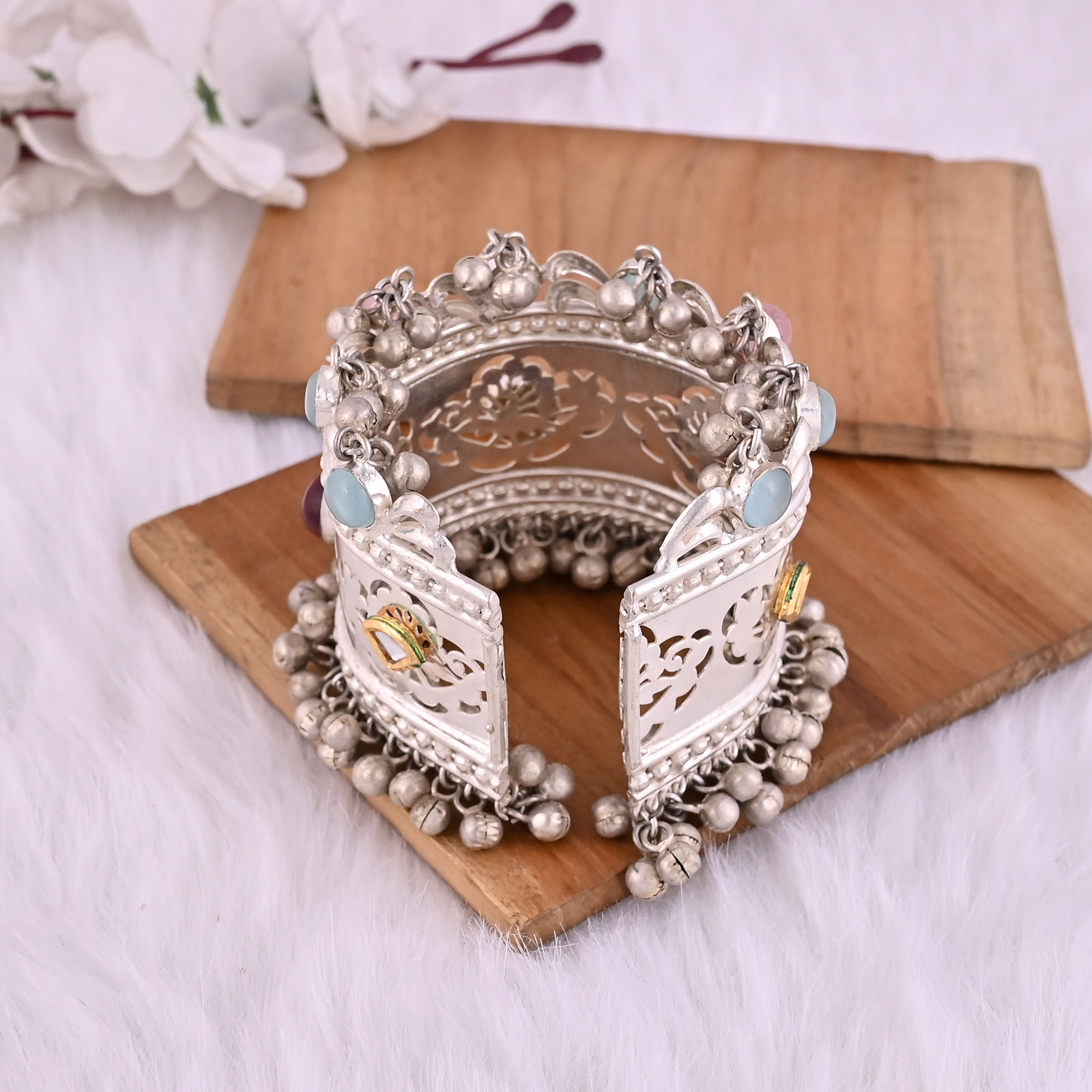 Pink Hydro  Blue Hydro  Kundan Pearl Ethnic Cuff Bracelet  Silver Plated Brass Jewelry