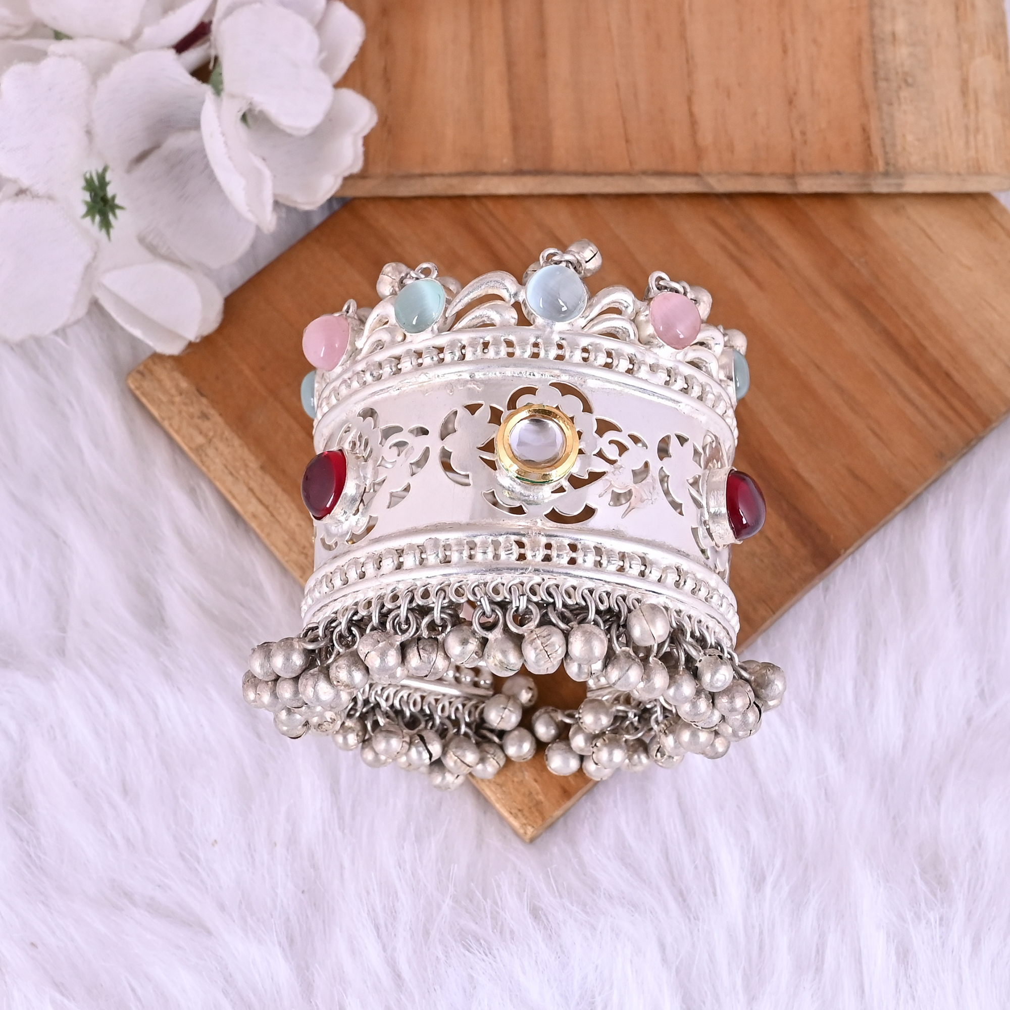 Pink Hydro Blue Hydro Kundan Pearl Ethnic Cuff Bracelet Silver Plated Brass Jewelry