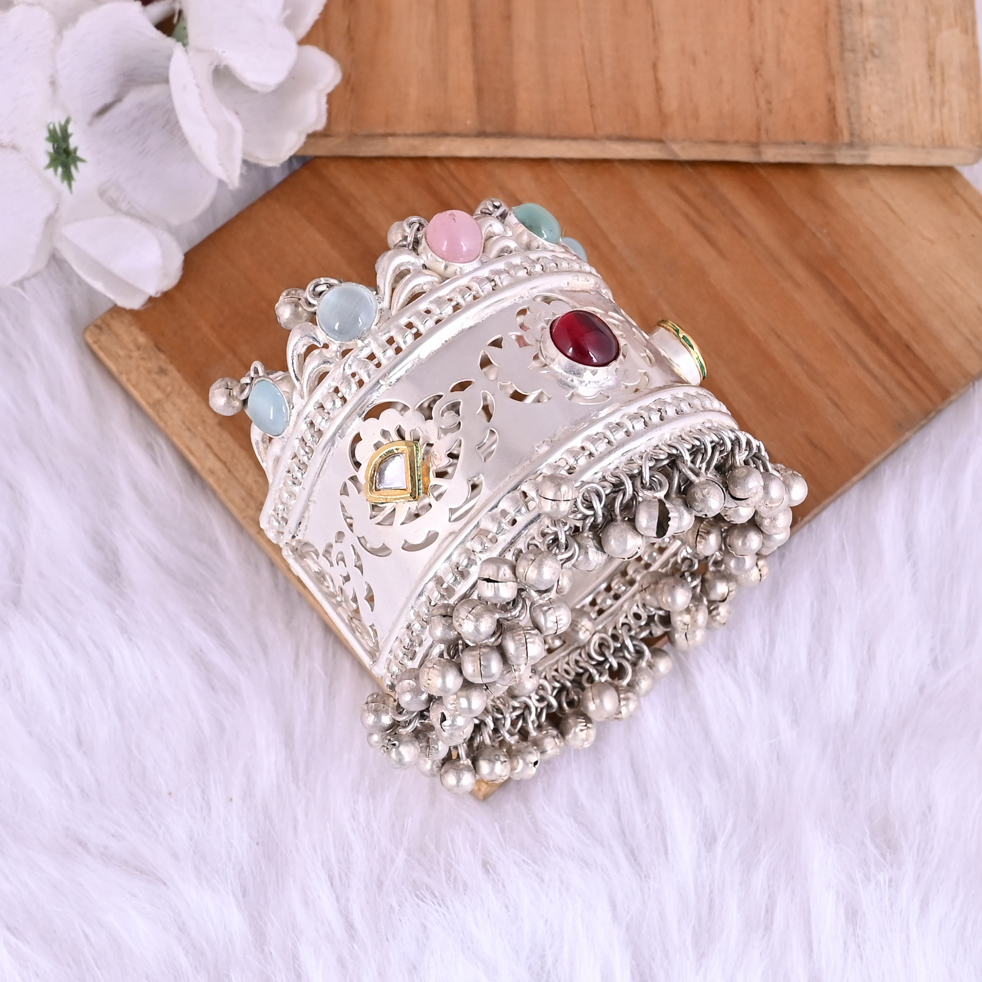 Garnet Hydro  Pink Catseye  Blue Catseye CZ Ethnic Cuff Bracelet  Silver Plated Brass Jewelry