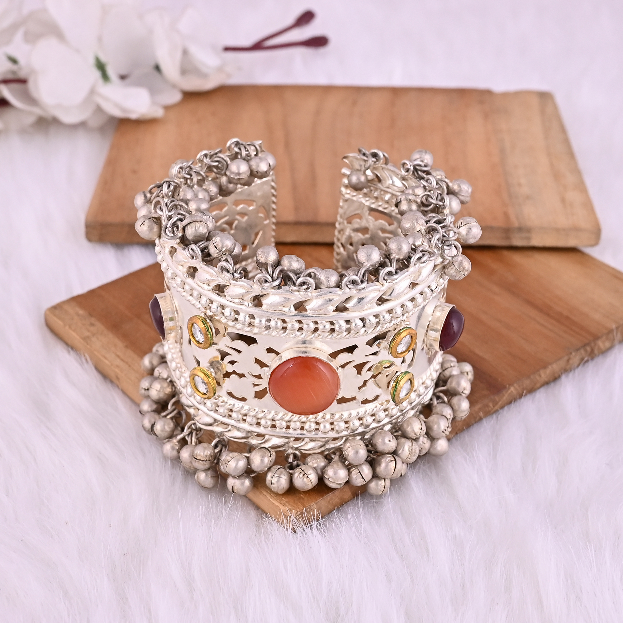 Garnet Hydro  Orange Cats Eye CZ Ethnic Cuff Bracelet  Silver Plated Brass Jewelry