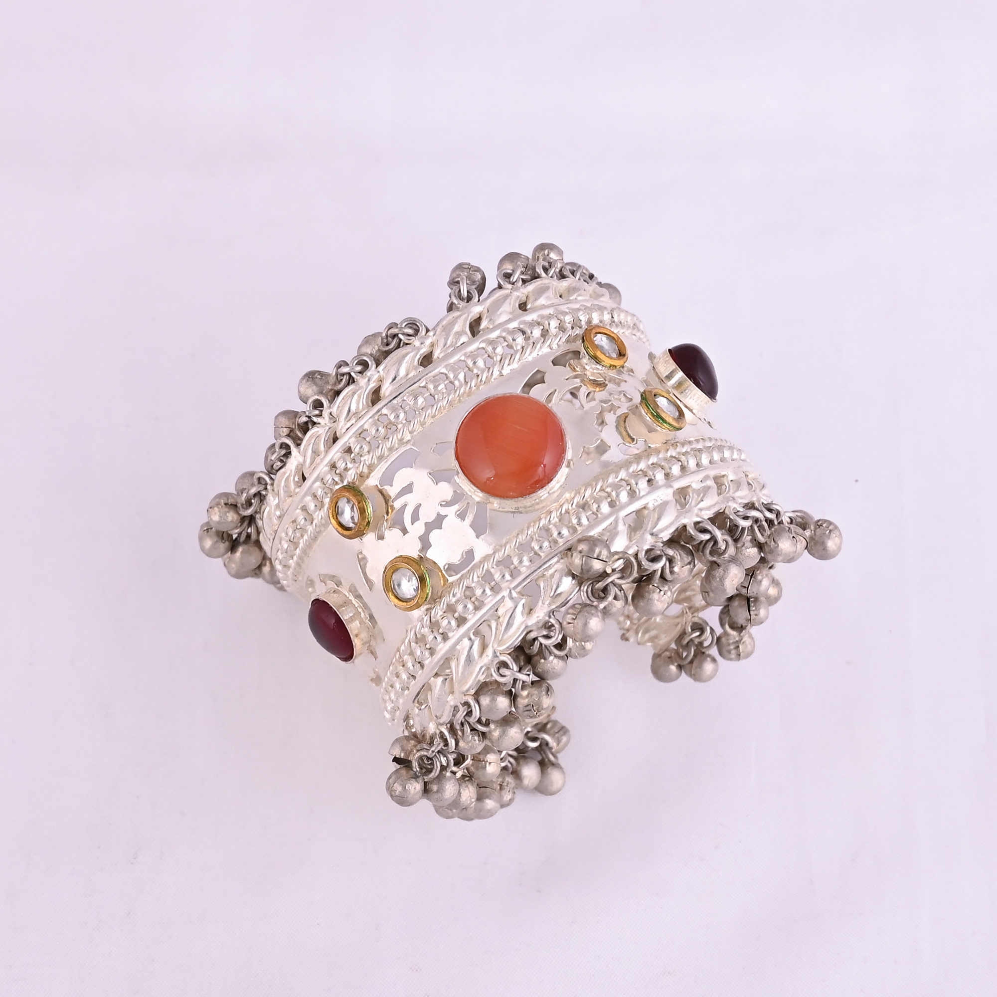 Garnet Hydro Orange Cats Eye CZ Ethnic Cuff Bracelet Silver Plated Brass Jewelry
