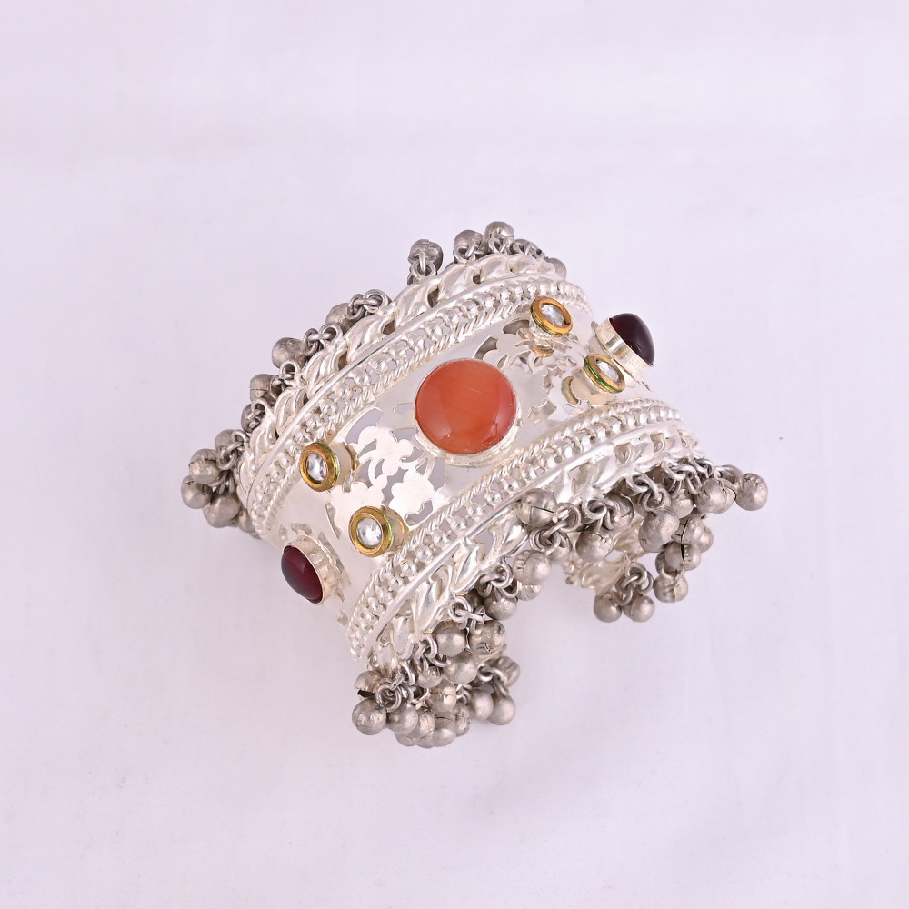 Image of Garnet Hydro &amp; Orange Cat’s Eye CZ Ethnic Cuff Bracelet | Silver Plated Brass Jewelry