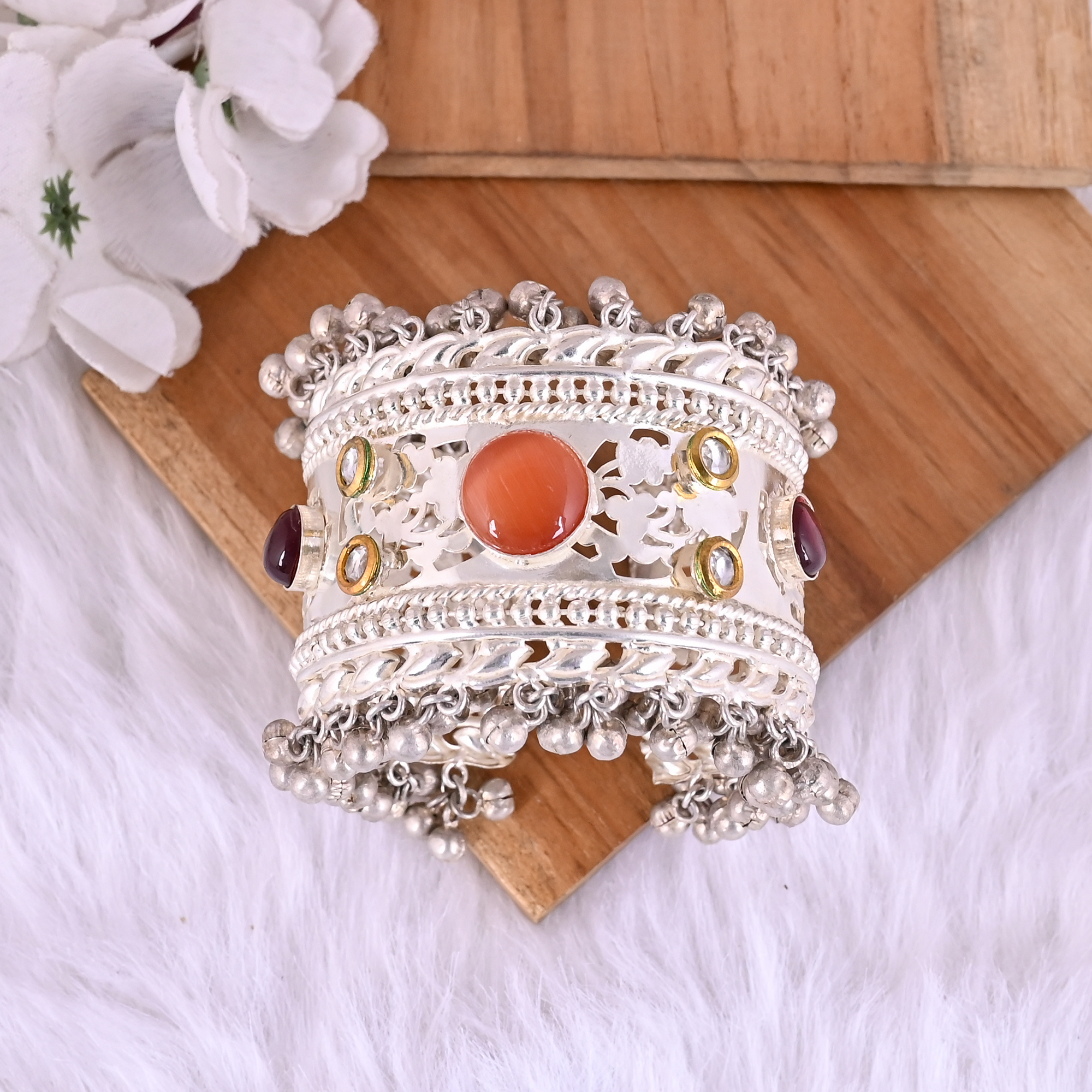 Garnet Hydro  Orange Cats Eye CZ Ethnic Cuff Bracelet  Silver Plated Brass Jewelry