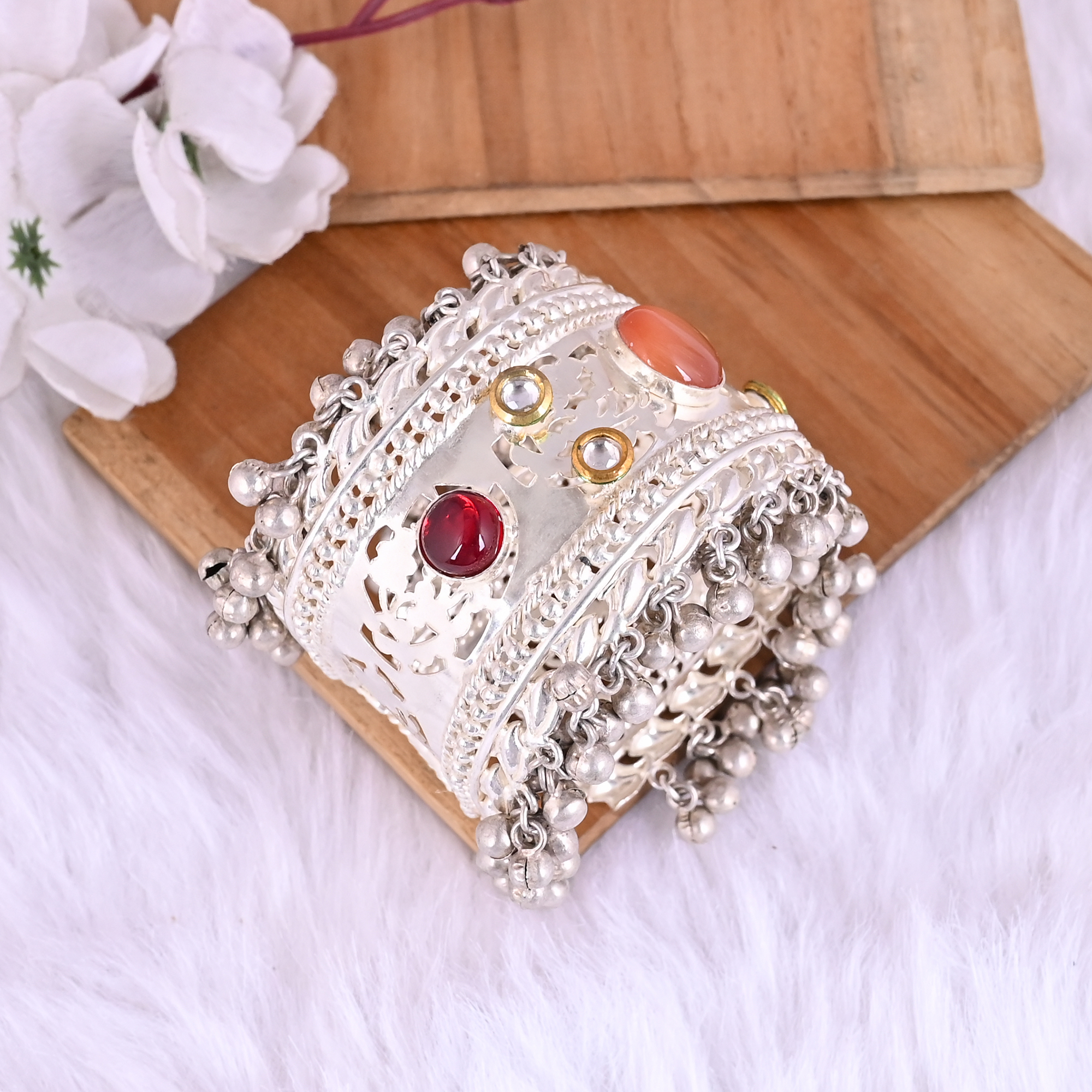 Garnet Hydro Orange Cats Eye CZ Ethnic Cuff Bracelet Silver Plated Brass Jewelry