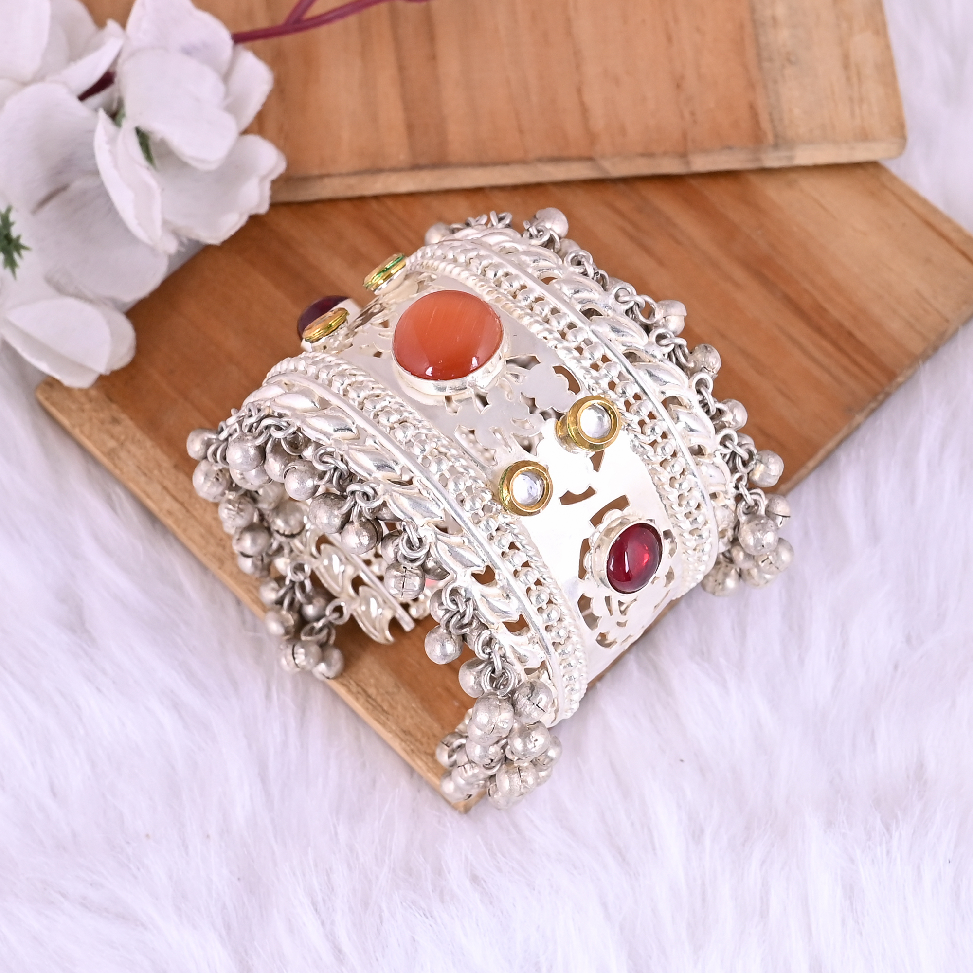 Garnet Hydro  Orange Cats Eye CZ Ethnic Cuff Bracelet  Silver Plated Brass Jewelry