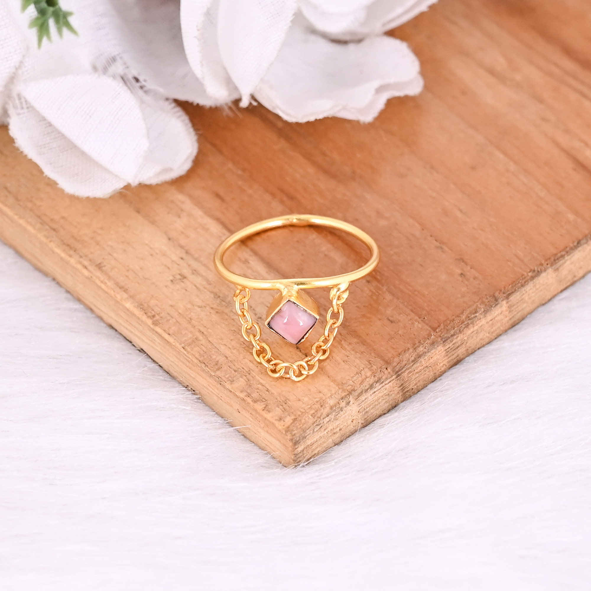 Natural Rhodonite Gemstone Solid 925 Sterling Silver Yellow Gold Plated Handmade Link Chain Ring Trendy Ring
