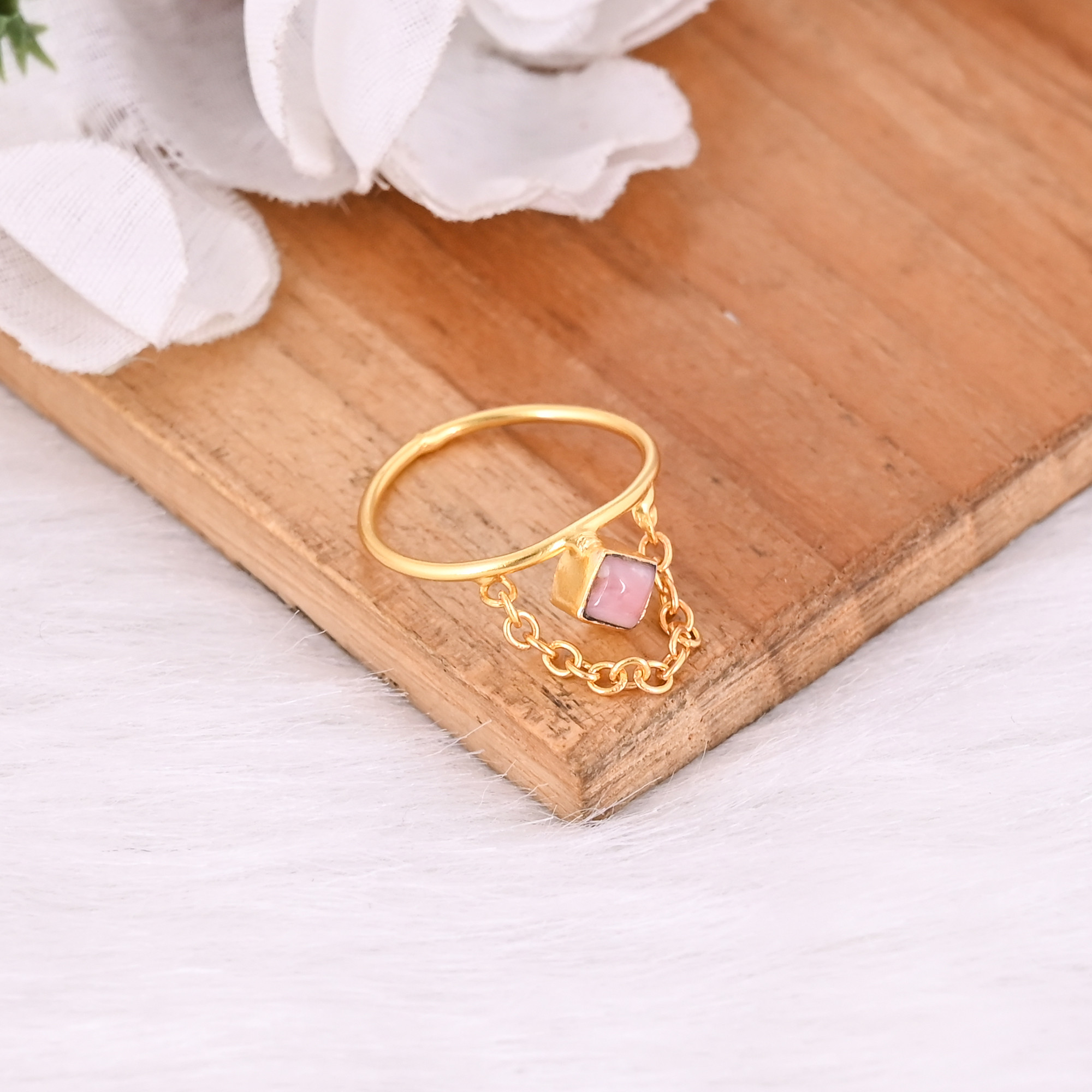 Natural Rhodonite Gemstone Solid 925 Sterling Silver Yellow Gold Plated Handmade Link Chain Ring Trendy Ring
