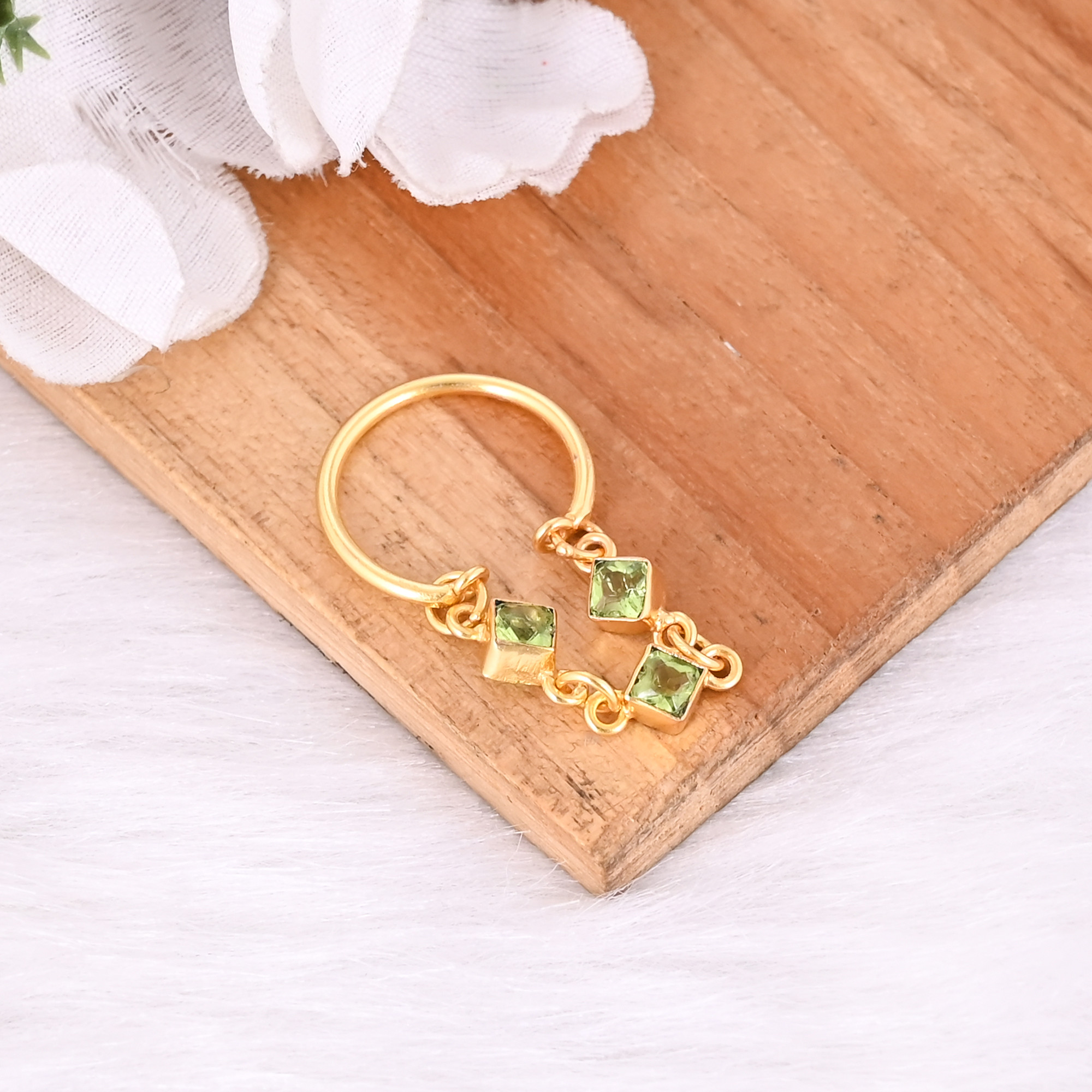 Natural Peridot Gemstone Solid 925 Sterling Silver Yellow Gold Plated Handmade Link Chain Adjustable Ring