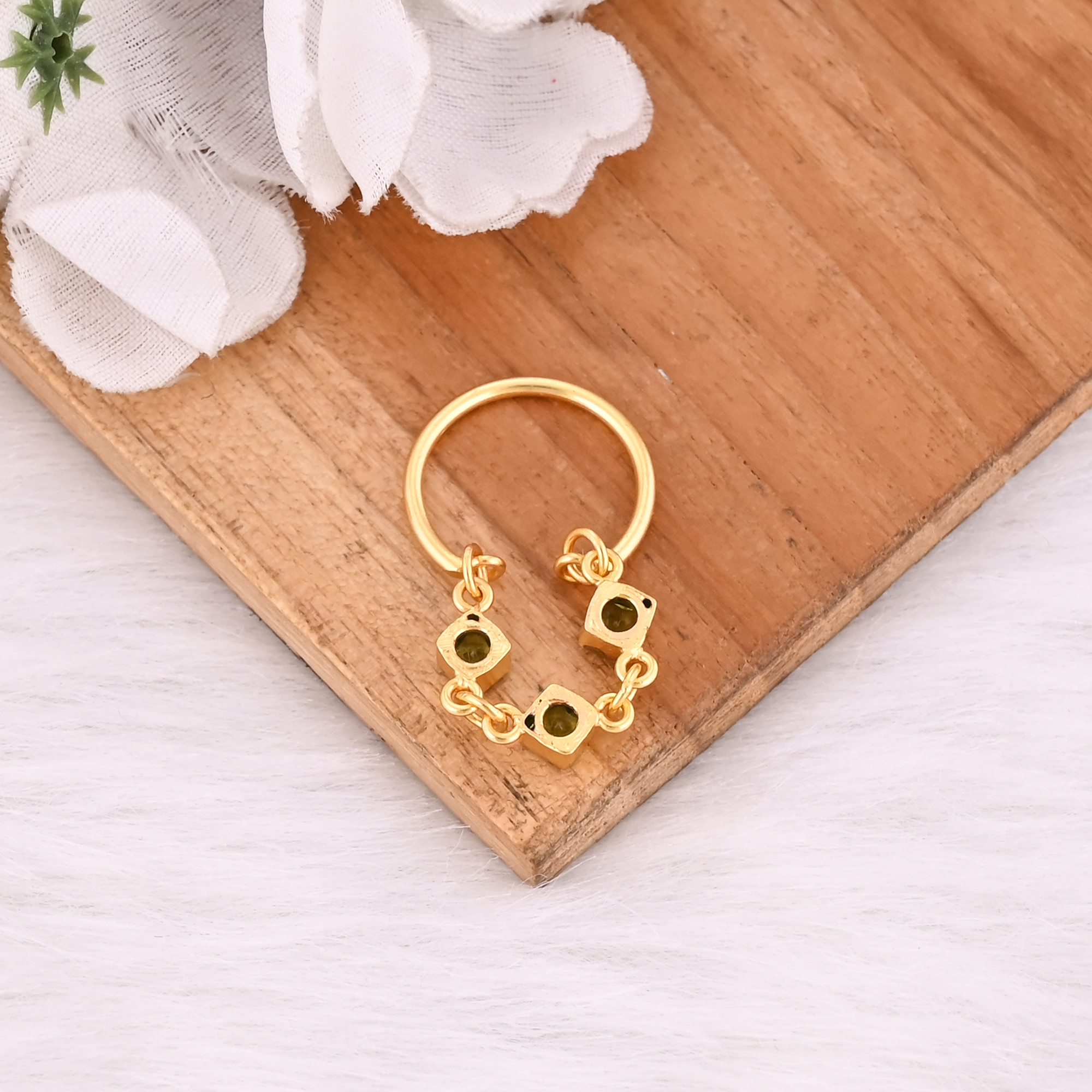 Natural Peridot Gemstone Solid 925 Sterling Silver Yellow Gold Plated Handmade Link Chain Adjustable Ring