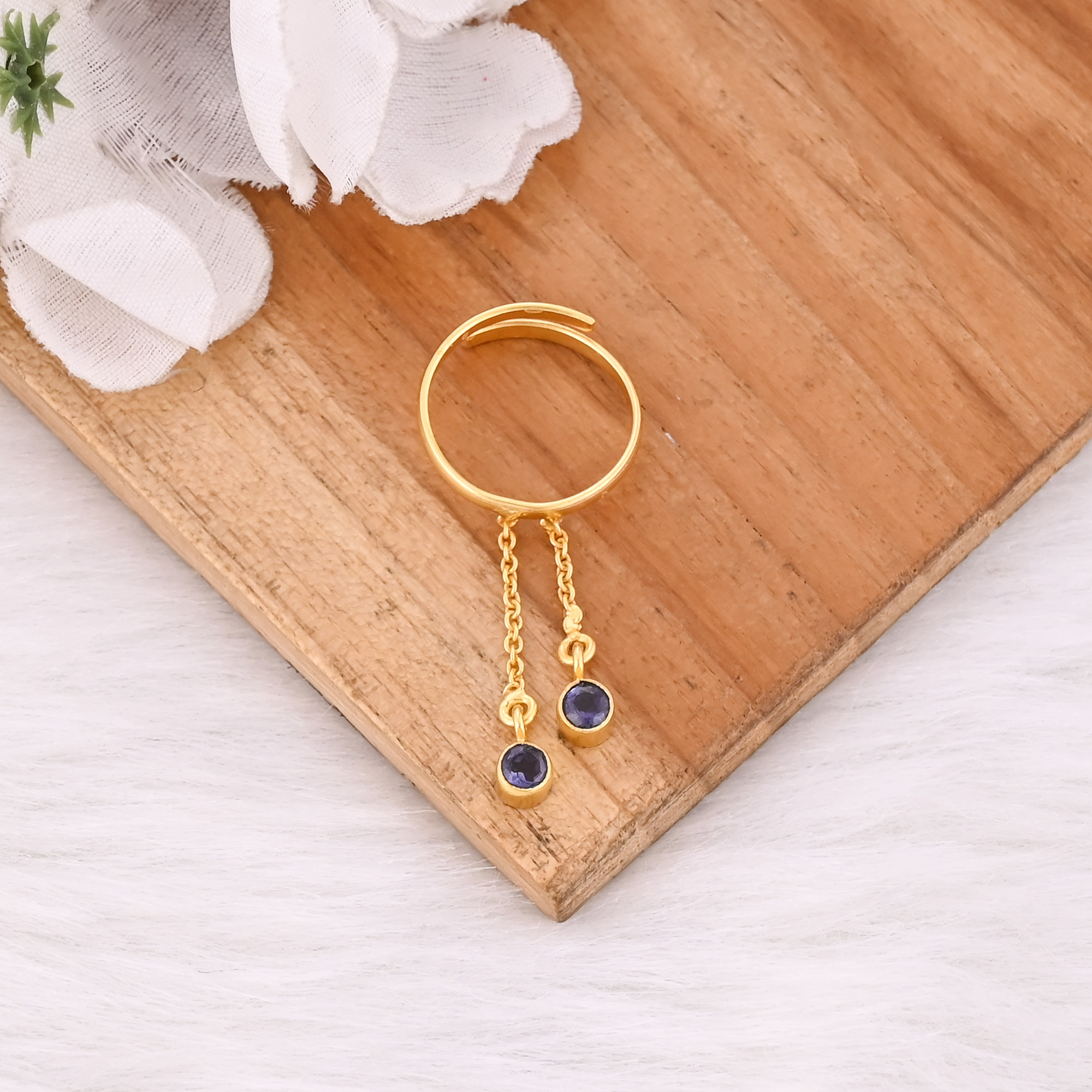 Natural Iolite Gemstone 925 Sterling Silver Yellow Gold Plated Handmade Link Chain Adjustable Ring Unique Jewelry