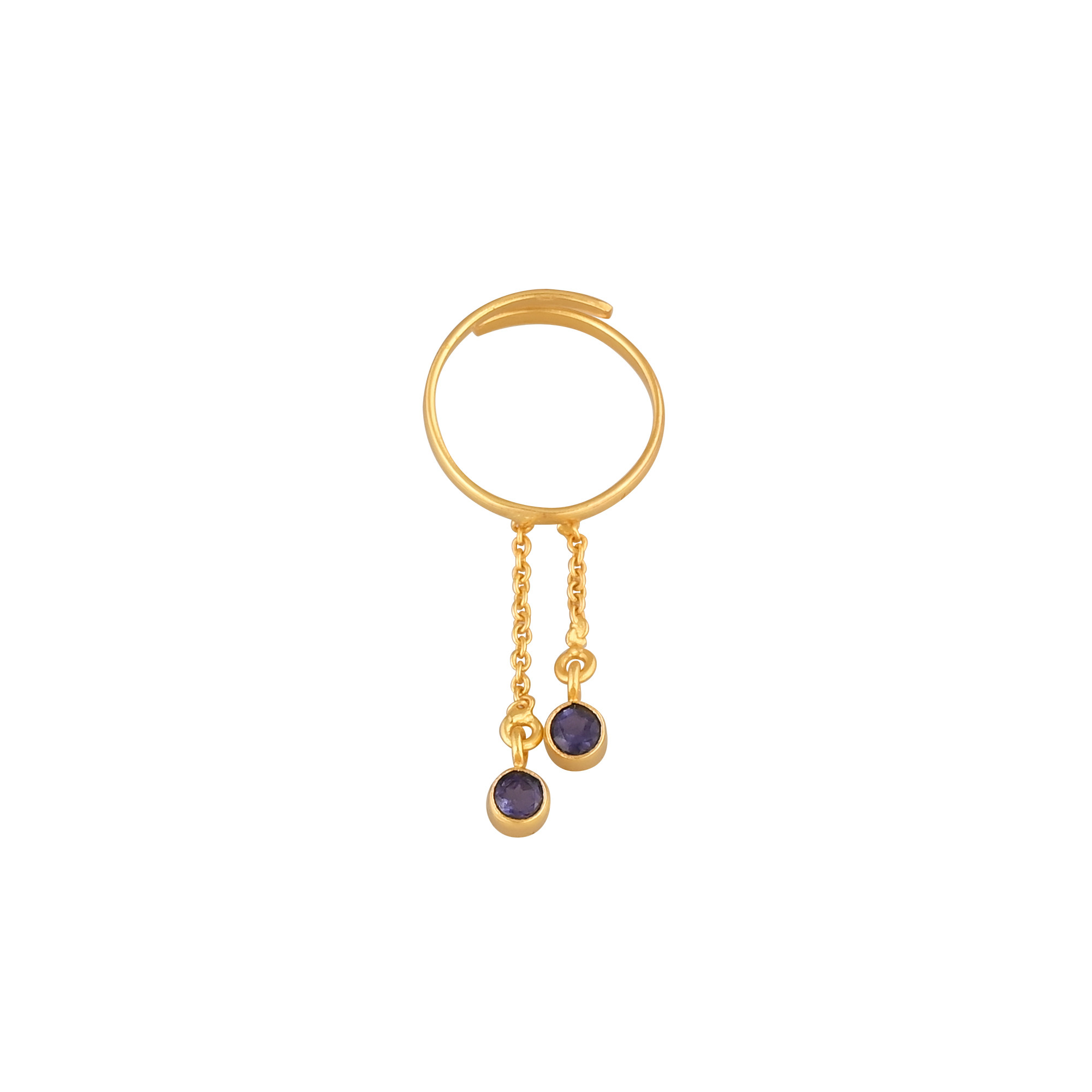 Natural Iolite Gemstone 925 Sterling Silver Yellow Gold Plated Handmade Link Chain Adjustable Ring Unique Jewelry